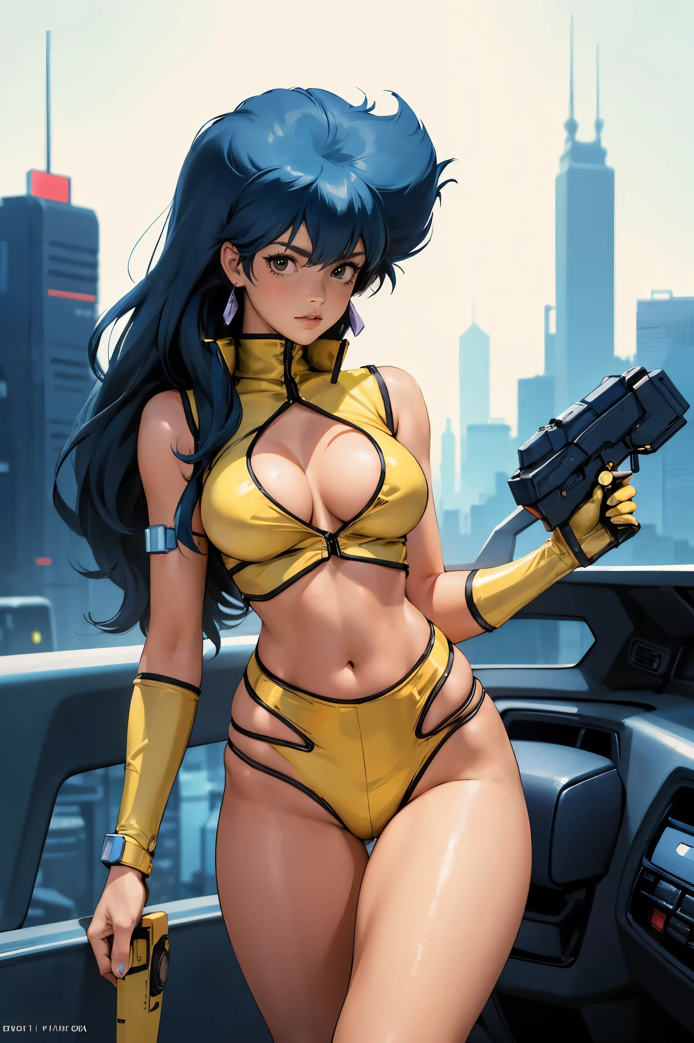 Yuri from The Dirty Pair, , wearing a tight outfit, skimpy, medium breast, (long hair), dark blue hair, beauty, cyberpunk city background, holding retro space-gun, cleavage, slim waist, slim thighs, thigh gap, (light yellow uniform), show belly