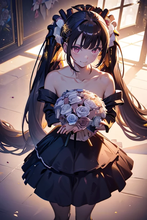 (from above:1.25),(from side:0.8), ((Face)), (Close-Up:0.6), ((looking at viewer, holding a bouquet to his mouth)), highest quality、(real、photorealistic:1.4)、(RAW photo:1.2)、very detailed CG unity 8k wallpaper, delicate and beautiful, wonderful, Fine detail, official art, huge file size, Ultra-detailed, very detailed girl, very detailed eyes and face, Bright on the face、(26 age girl:1.0)、small smile, smiling, (twintail hair:1.25), hair between eyes, hair twintails, (long hair:1.25), tiara,ruany,off-shoulder dress,pearl ,(gemstone),tiara,veil,wedding dress, wedding necklace, wedding long gloves, (luxurious bouquet:1.9), chapel, Stained glass,(best quality, highres, masterpiece:1.2), ultra-detailed, (realistic:1.37) illustration, erotic style, soft lighting, sweat glistening on her body, gentle warmth, mysterious, small breast,narrow waist,(with sparkling eyes and a contagious smile),her thin pubic hair, looking at viewer,