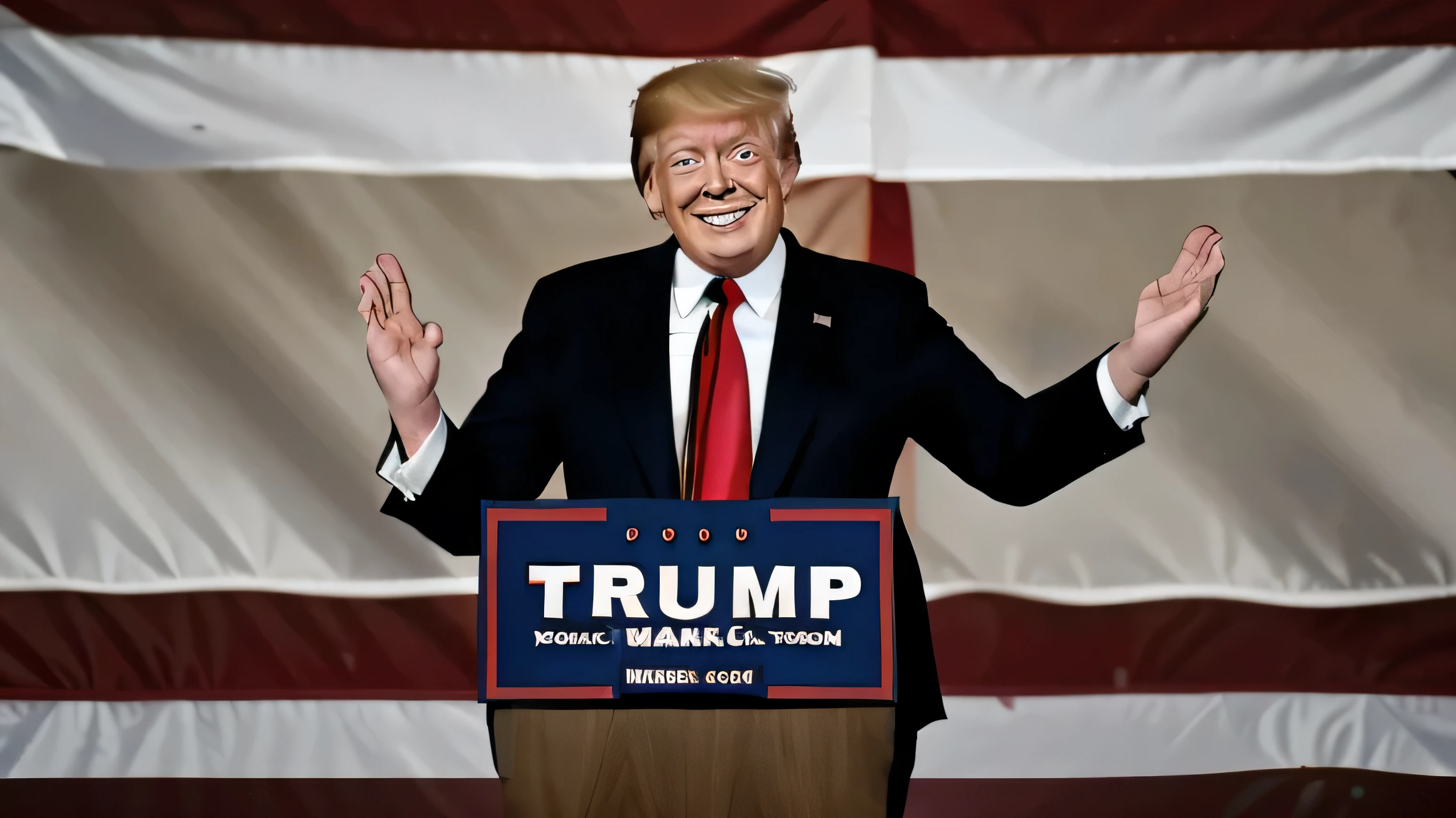 Donald Trump smiling, standing at podium at one of his political rallies, american flags in background