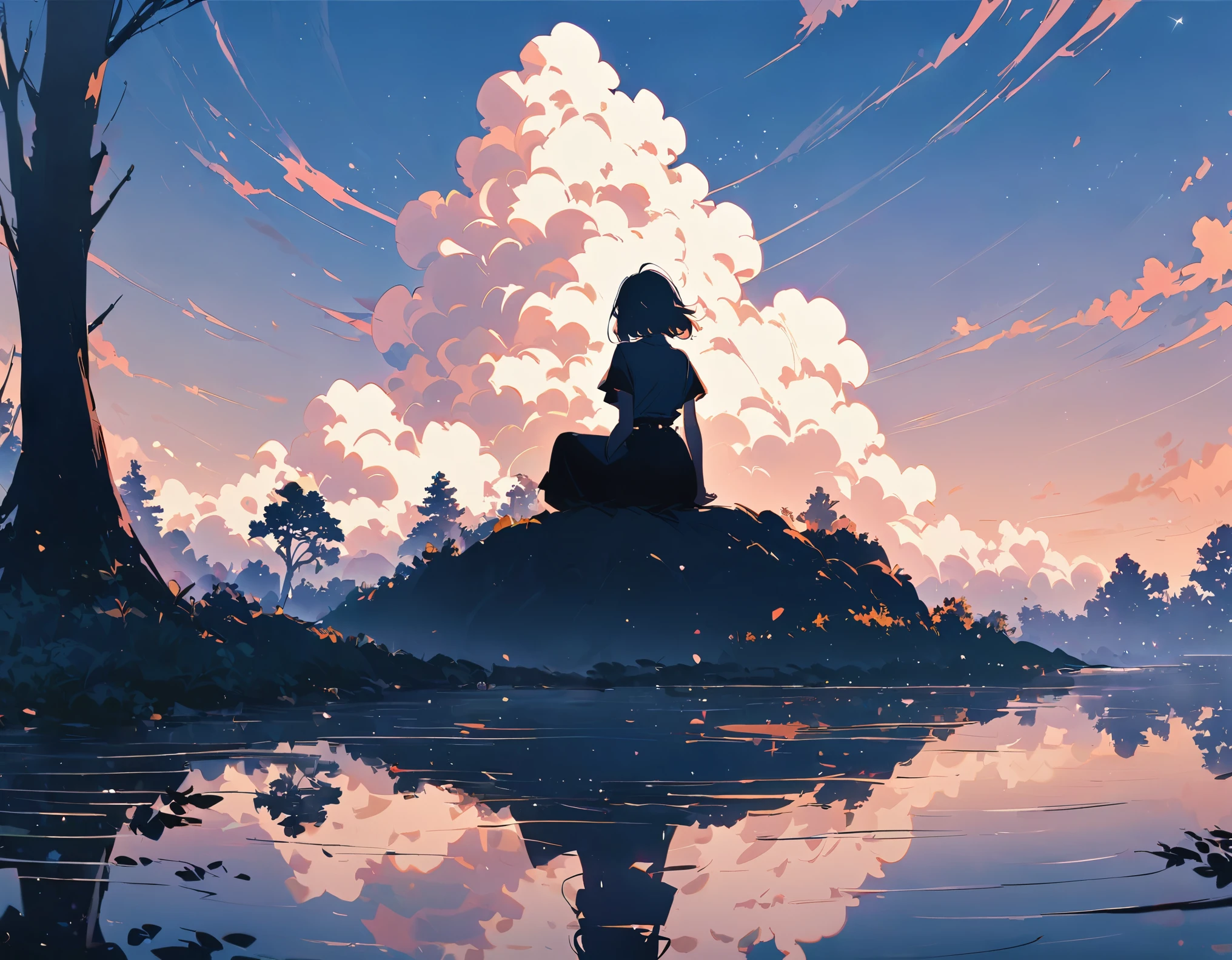 "((peaceful)) Scenes, girl kneeling and meditating, ((ripples in the pond)), ((Marshmallow Cloud)), ((Silhouette of a gnarled tree)), Professional photography, ((rule of thirds)), High resolution, best quality