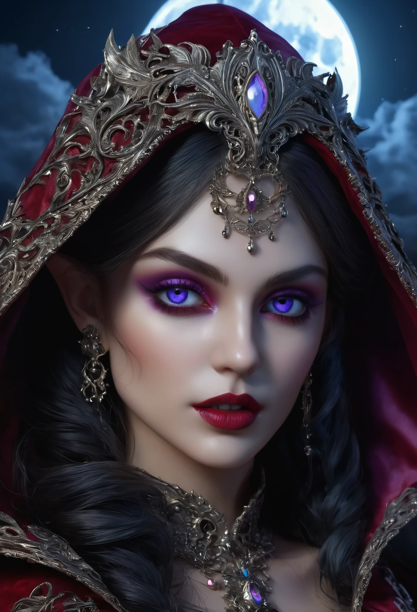 fantasy art, gothic art, (masterpiece:1.5), full body best details, highly detailed, best quality, Glowing Purple, highres, full body portrait of a vampire, elf (Masterpiece, best quality: 1.6), ultra feminine, wizard, (intricate details, Masterpiece, best quality: 1.5) with a long curvy hair, light color hair, blue eyes, (fantasy art, Masterpiece, best quality), ((beautiful delicate face)), Ultra Detailed Face (intricate details, fantasy art, Masterpiece, best quality: 1.5), [[vampiric fangs 1.5]] (red cloak: 1.3) , flowing cloak (intricate details, fantasy art, Masterpiece, best quality: 1.3), wearing an intricate black dress (intricate details, fantasy art, Masterpiece, best quality: 1.5), high heeled boots, urban background (intense details, beat details), fantasy, at night light, natural ,moon light, clouds, gothic atmosphere, soft light, dynamic light, [[anatomically correct]], high details, best quality, 8k, [ultra detailed], masterpiece, best quality, (extremely detailed), dynamic angle