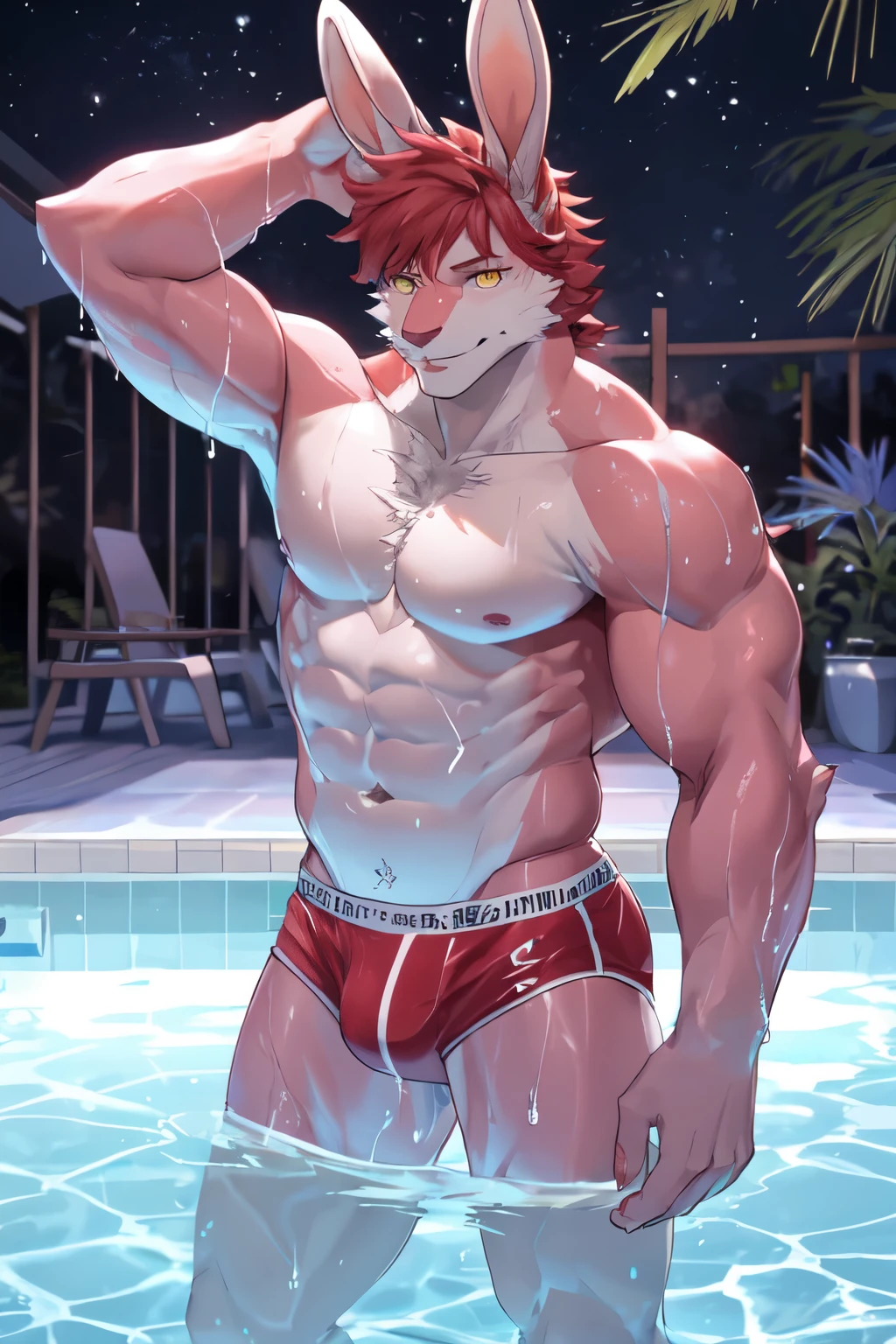 ((best quality)), ((masterpiece)), (detailed), perfect face, bara furry, rabbit man, big body, pink skin, short jackson wang red hair, yellow eyes, perfect eyes, long rabbit ears, wet body, handsome, in pool, night background red underwear