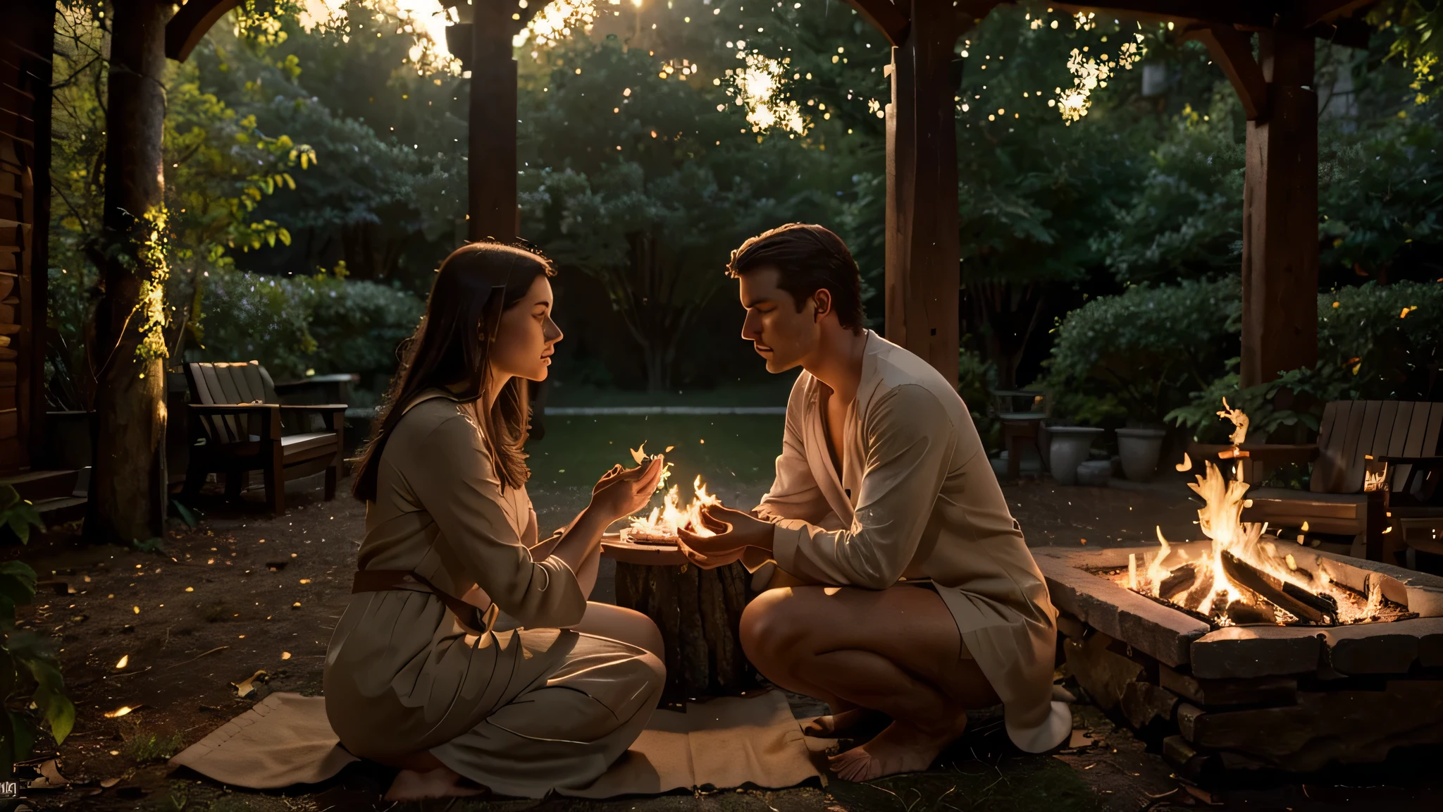 (best quality,4k,8k,highres,masterpiece:1.2),ultra-detailed,(realistic,photorealistic,photo-realistic:1.37),outdoor scene,warm sunset lighting,a man and a woman sitting in a clearing,twilight setting,softly glowing fires in the surroundings,engaged in deep conversation,interlocking gaze,immersed in each other's presence,fleeting moments of connection,lush greenery in the background visible in the dim light,trees casting long shadows on the ground,peaceful and serene atmosphere,subtle hues of pink and orange coloring the sky,gentle breeze rustling the leaves,arrangement of logs and stones forming a natural seating area,relaxed and comfortable postures,expressive body language,eyes filled with curiosity and tenderness,openness and vulnerability in their expressions,clothing reflecting their individual style,flickering flames illuminating their faces,creating shadows and highlights,mix of natural and artificial light sources,subtle details highlighting the sparks of the fire,magical ambiance enveloping the scene,ideal for unforgettable conversations,rich textures in the environment,ensuring a tactile experience,perfect harmony between nature and human presence,immersing viewers in the depth of the moment. glowing fires in the surroundings,