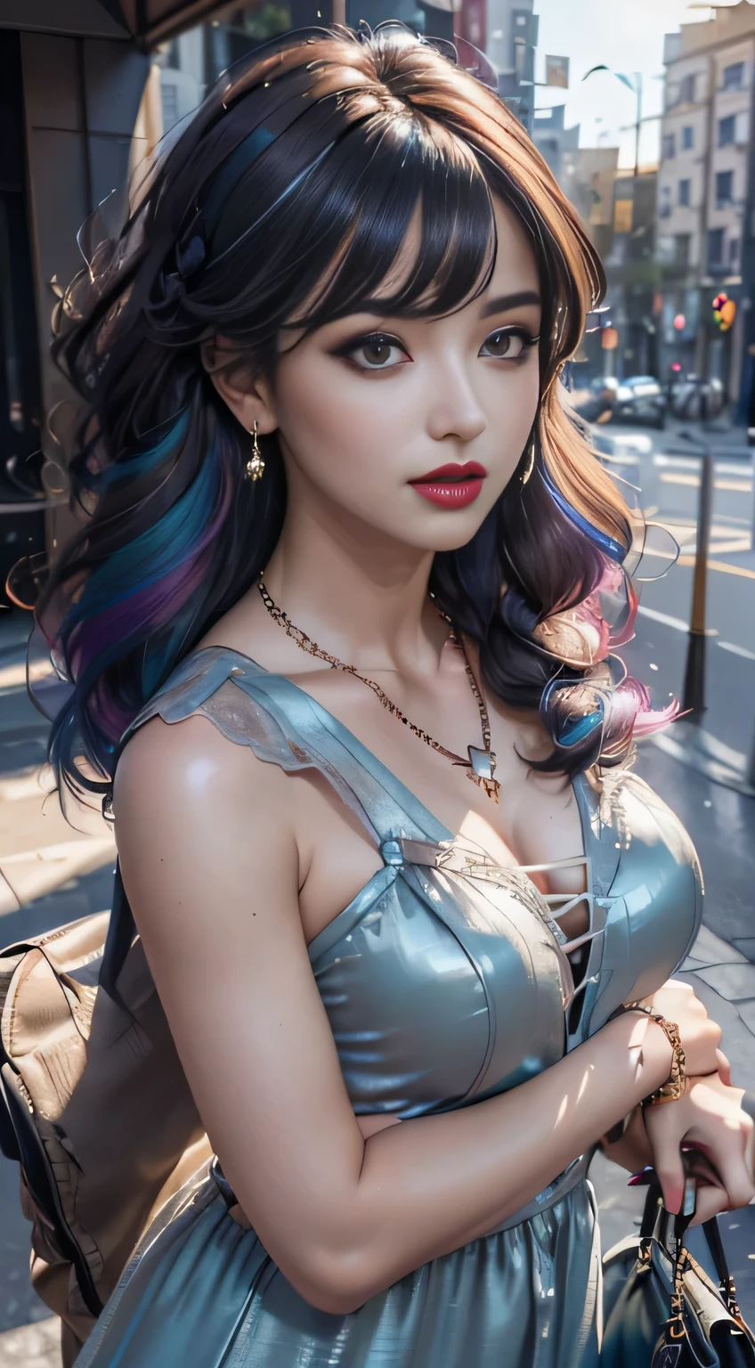 masterpiece, best quality,KFC, 1 Girl, Bangs, only_Shoulder, skirt, breast, Gloves, Jewelry, Large target_breast, long_hair, long_sleeve, Pantyhose, purple_Eye, purple_hair, shirt, Solitary,Viewer,sunglasses,Bikini, (sun, cloud,A renaissance city by the water,outdoor :1.1),Rendering in Blender((Isometric)),