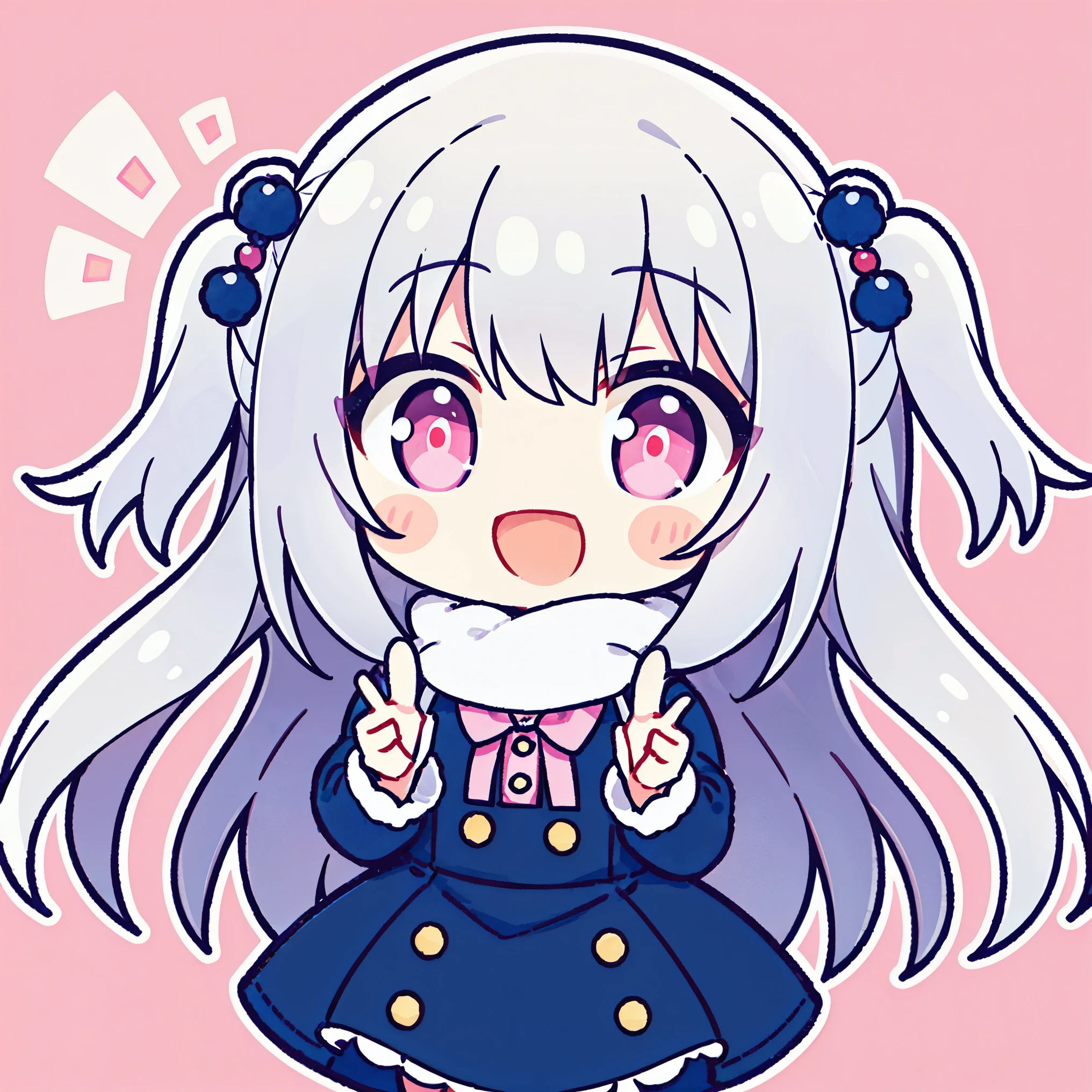 bright look,open mouth smile,Very cute Q version silver-haired girl ,pink eyes and pupils,long hair,two side up,simple background