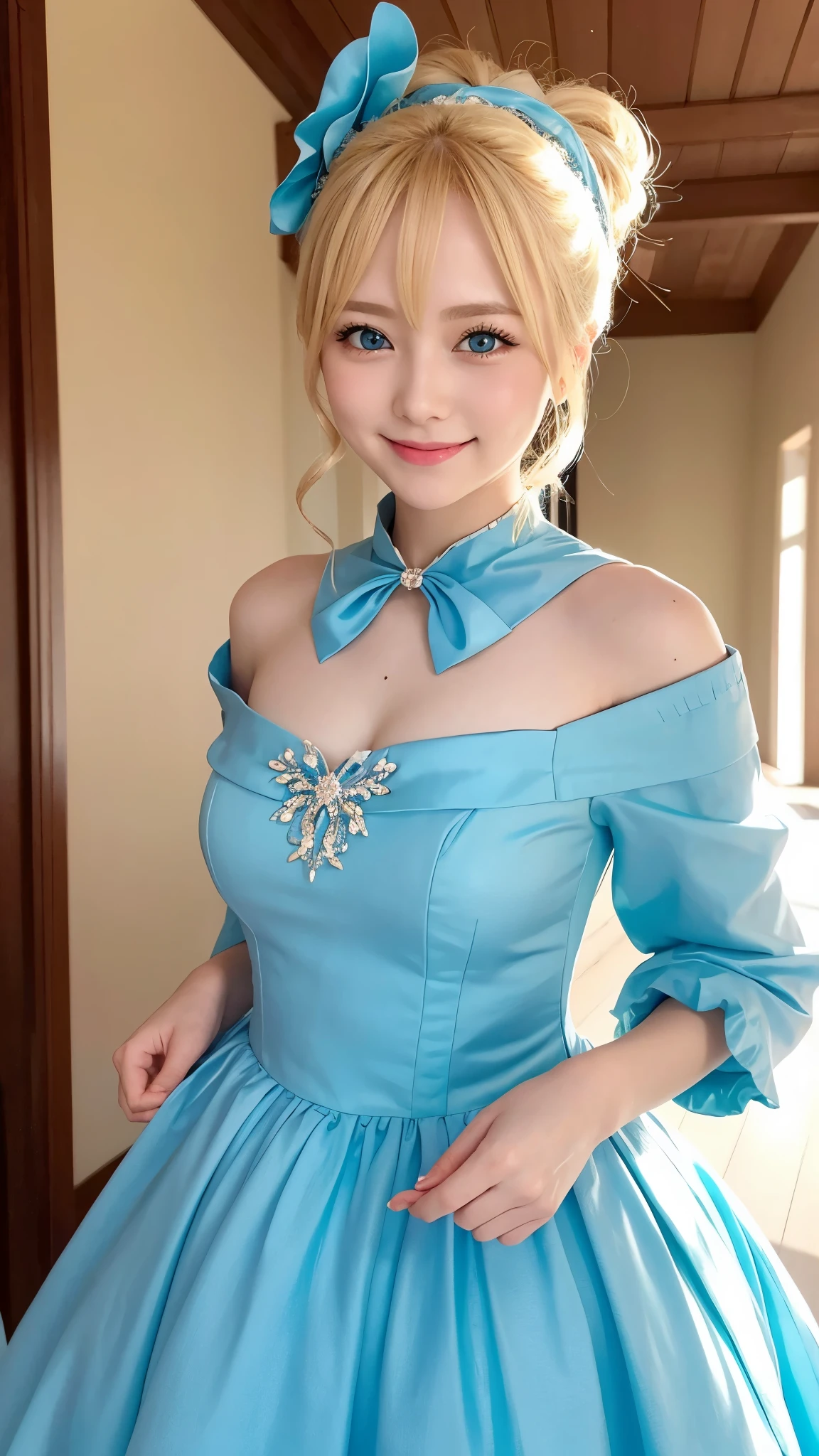 she is cosplaying as a princess、blonde short、smile、blue eyes、Colorful and fancy dresses、ponytail