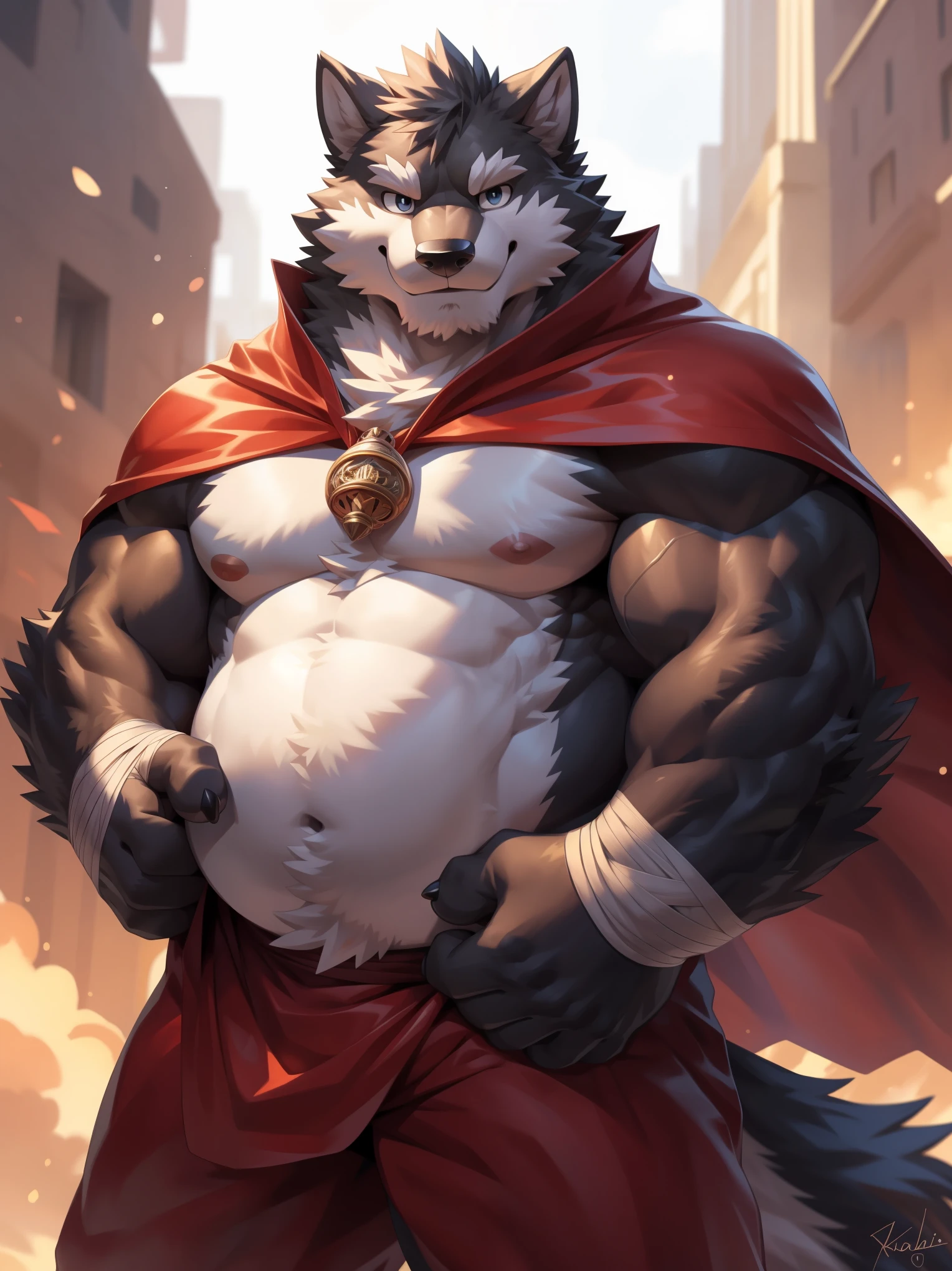 solo, ((fluffy fur, fluffy, furry body)), detailed fluffy fur, detailed face, detailed eyes, dynamic pose, (ultra detailed), sharp focus, niji, eyesgod, furry, (gray-black fur:1.5), white beard, anthro (wolf), male, middle-aged, white belly, (((muscular))), (endomorph body type:0.2), not too fat, BREAK ((warrior costume, long red cherry cloak)), ultra detailed face, high details, high quality, (best quality,4k,8k,highres,masterpiece:1.2), (close up:1.3), by takemoto arashi, by kulplant, by null-ghost, by raccoon21, dynamic lighting, smile, (full body:1.4), looking at viewer, standing, close-view portrait, indoorhighres, hands holding belly, hand wraps, detailed hands