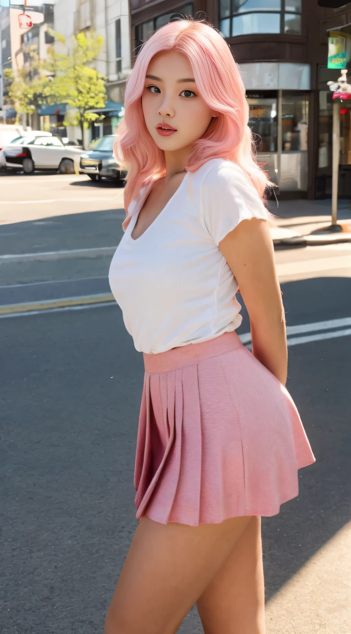 One Young Japanese Woman, cute face, seductive, best quality, masterpiece, seductive v neck top mini short pleated skirt and sneakers, golden hour, detailed textures, long braded hair, beautiful thighs, Standing on floor, looking at camera, posing, posh pose, City Street, exterior, [blush], aesthetic, intricate, caustics, light rays, sunlight, (((soft lips))), (((glossy lips))), highly detailed, (semi-realistic:1.2), niloudef, Neon pink hair