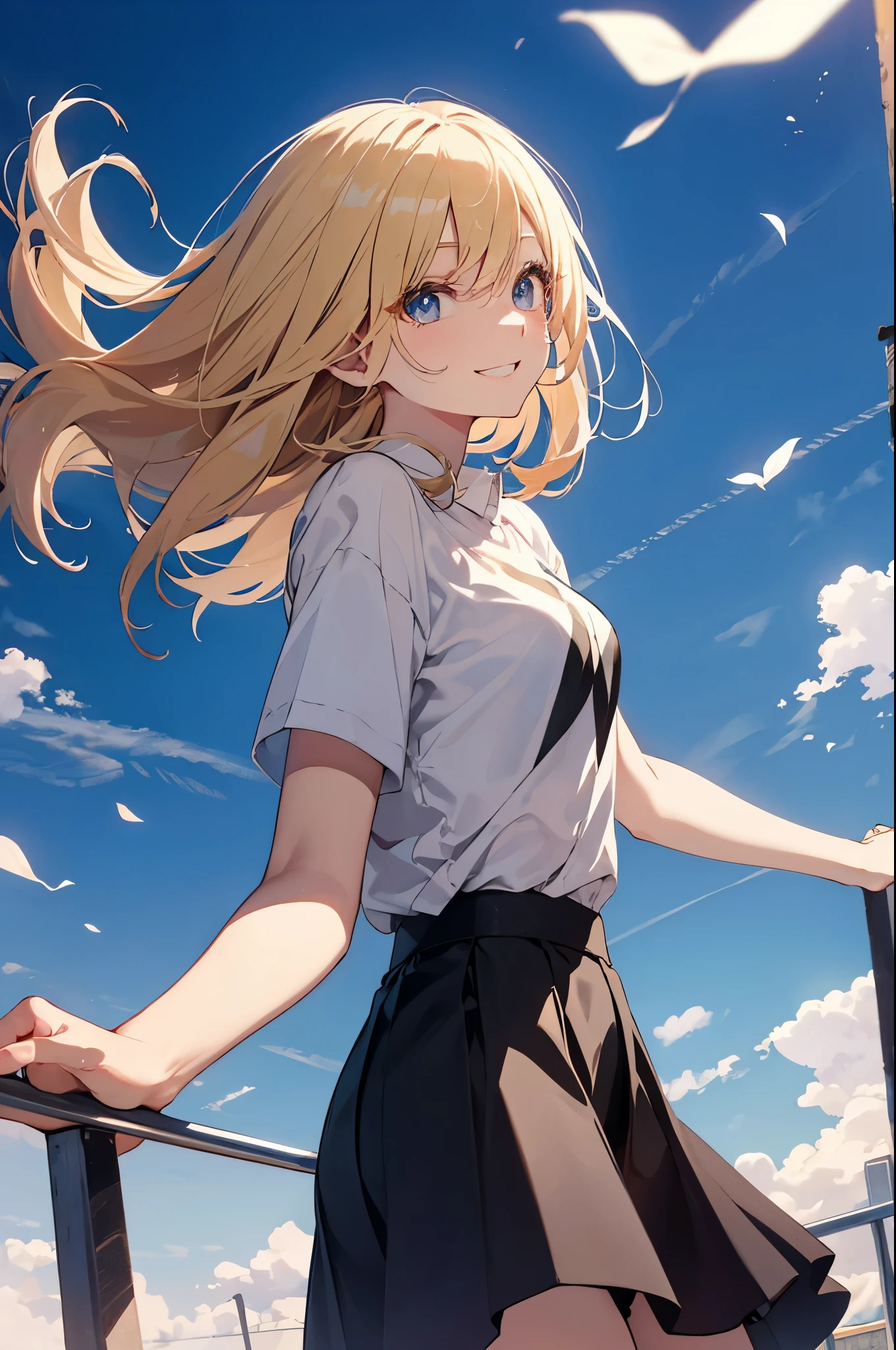(Pretty sister:1.3)、long eyelashes、happy face,spring atmosphere、evening、aggressive、hot、((strong wind))、black skirt、shining eyes、yellow Y shirt、company、blonde