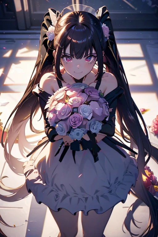 (from above:1.25),(from side:0.8), ((Face)), (Close-Up:0.9), ((looking at viewer, holding a bouquet to his mouth)), highest quality、(real、photorealistic:1.4)、(RAW photo:1.2)、very detailed CG unity 8k wallpaper, delicate and beautiful, wonderful, Fine detail, official art, huge file size, Ultra-detailed, very detailed girl, very detailed eyes and face, Bright on the face、(26 age girl:1.0)、small smile, smiling, (twintail hair:1.25), hair between eyes, hair twintails, (long hair:1.25), tiara,ruany,off-shoulder dress,pearl ,(gemstone),tiara,veil,wedding dress, wedding necklace, wedding long gloves, (luxurious bouquet:1.9), chapel, Stained glass,(best quality, highres, masterpiece:1.2), ultra-detailed, (realistic:1.37) illustration, erotic style, soft lighting, sweat glistening on her body, gentle warmth, mysterious, small breast,narrow waist,(with sparkling eyes and a contagious smile),her thin pubic hair, looking at viewer,
