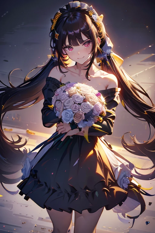 (from above:1.25),(from side:0.8), ((Face)), (Close-Up:0.9), ((looking at viewer, holding a bouquet to his mouth)), highest quality、(real、photorealistic:1.4)、(RAW photo:1.2)、very detailed CG unity 8k wallpaper, delicate and beautiful, wonderful, Fine detail, official art, huge file size, Ultra-detailed, very detailed girl, very detailed eyes and face, Bright on the face、(26 age girl:1.0)、small smile, smiling, (twintail hair:1.25), hair between eyes, hair twintails, (long hair:1.25), tiara,ruany,off-shoulder dress,pearl ,(gemstone),tiara,veil,wedding dress, wedding necklace, wedding long gloves, (luxurious bouquet:1.9), chapel, Stained glass,(best quality, highres, masterpiece:1.2), ultra-detailed, (realistic:1.37) illustration, erotic style, soft lighting, sweat glistening on her body, gentle warmth, mysterious, small breast,narrow waist,(with sparkling eyes and a contagious smile),her thin pubic hair, looking at viewer,