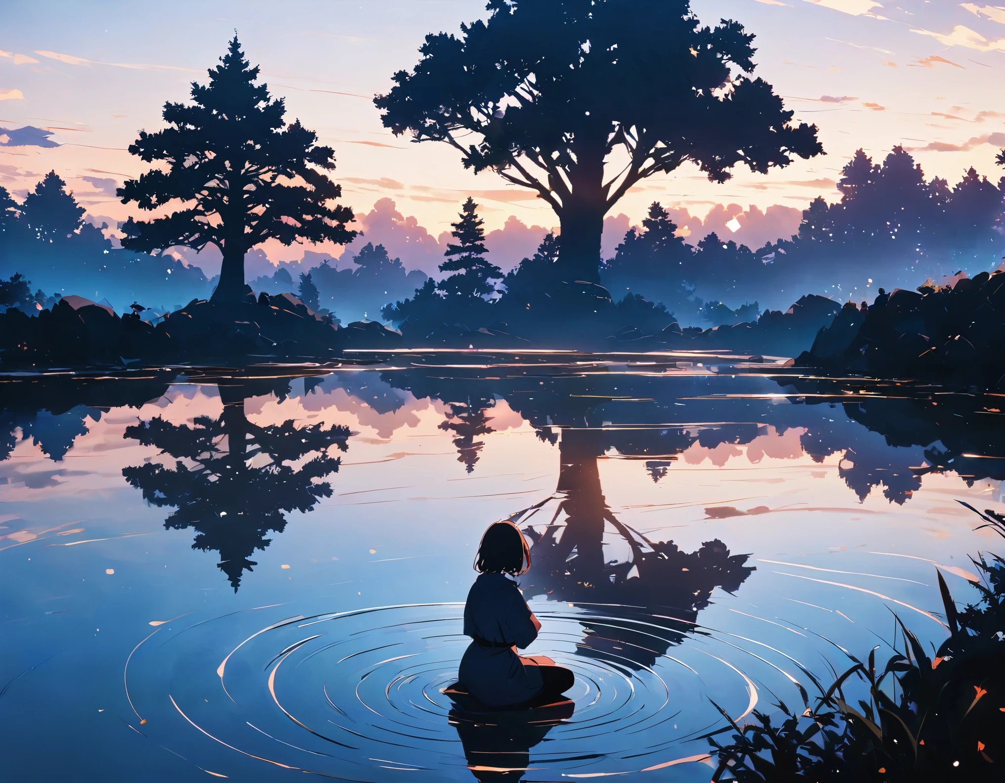 "((peaceful)) Scenes, girl kneeling and meditating, ((ripples in the pond)), ((Marshmallow Cloud)), ((Silhouette of a gnarled tree)), Professional photography, ((rule of thirds)), High resolution, best quality