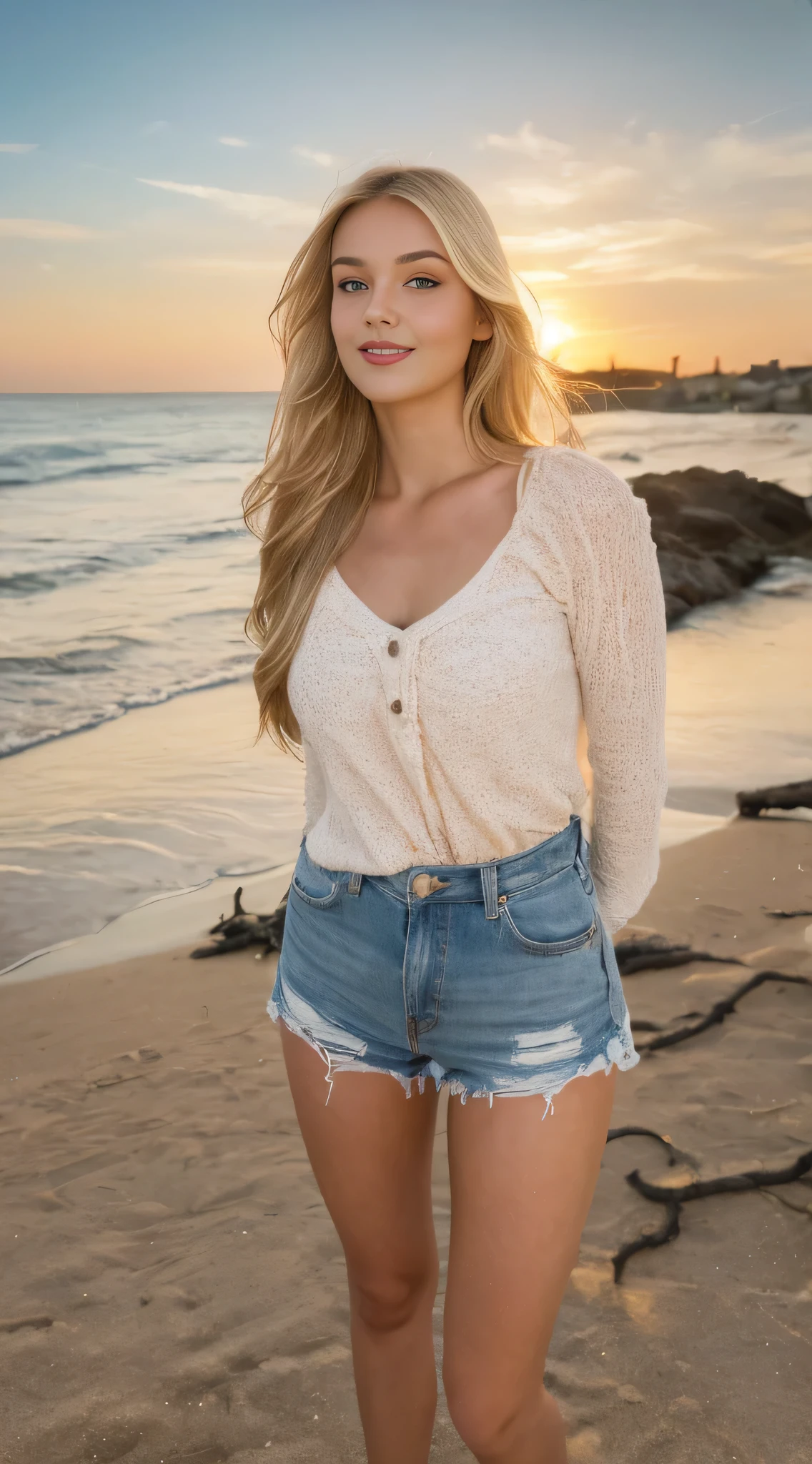 One nordic young woman, cute face, seductive, best quality, masterpiece, seductive V neck shirt mini hot shorts and sneakers, golden hour, detailed textures, long braded hair, beautiful thighs, Standing on floor, looking at camera, cute smile, posing, posh pose, Beach, exterior, [blush], aesthetic, intricate, caustics, light rays, sunlight, (((soft lips))), (((glossy lips))), highly detailed, (semi-realistic:1.2), niloudef, blonde hair