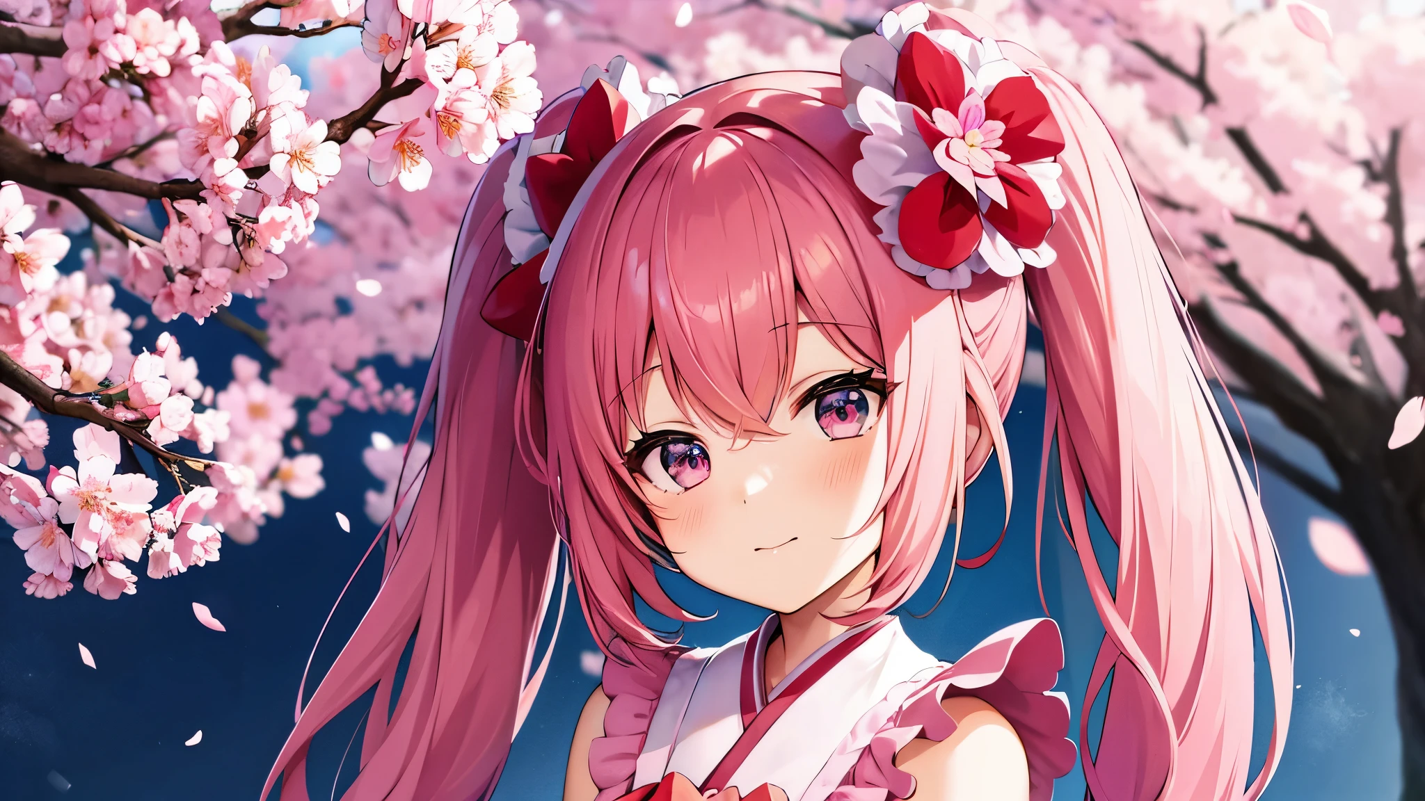 anime characters、Sakura Miku、twin tails、important thoughts、happy look、Full bloom cherry blossoms
