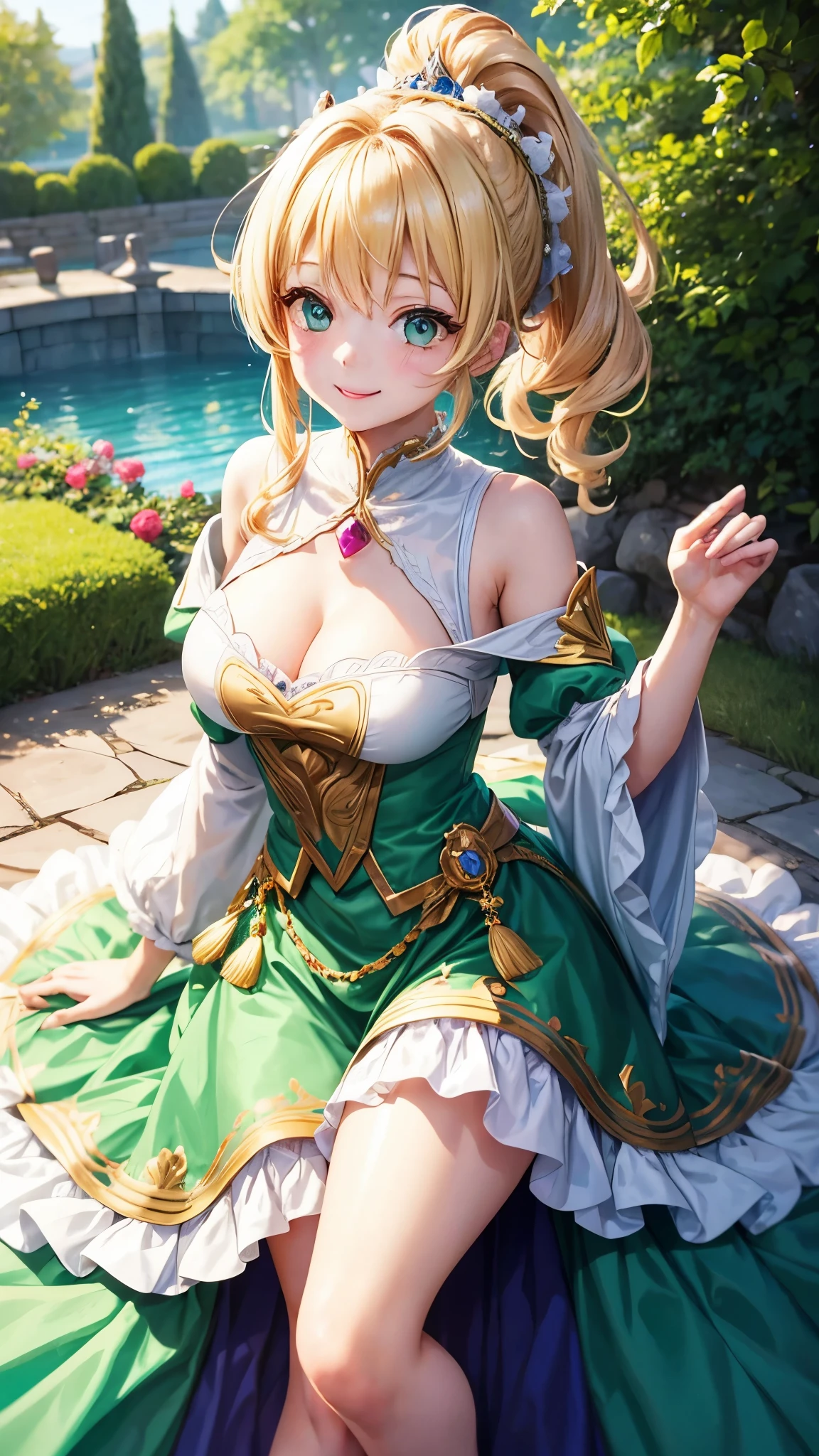 she is cosplaying as a princess、blonde short、smile、green eyes、Colorful and fancy dresses、ponytail