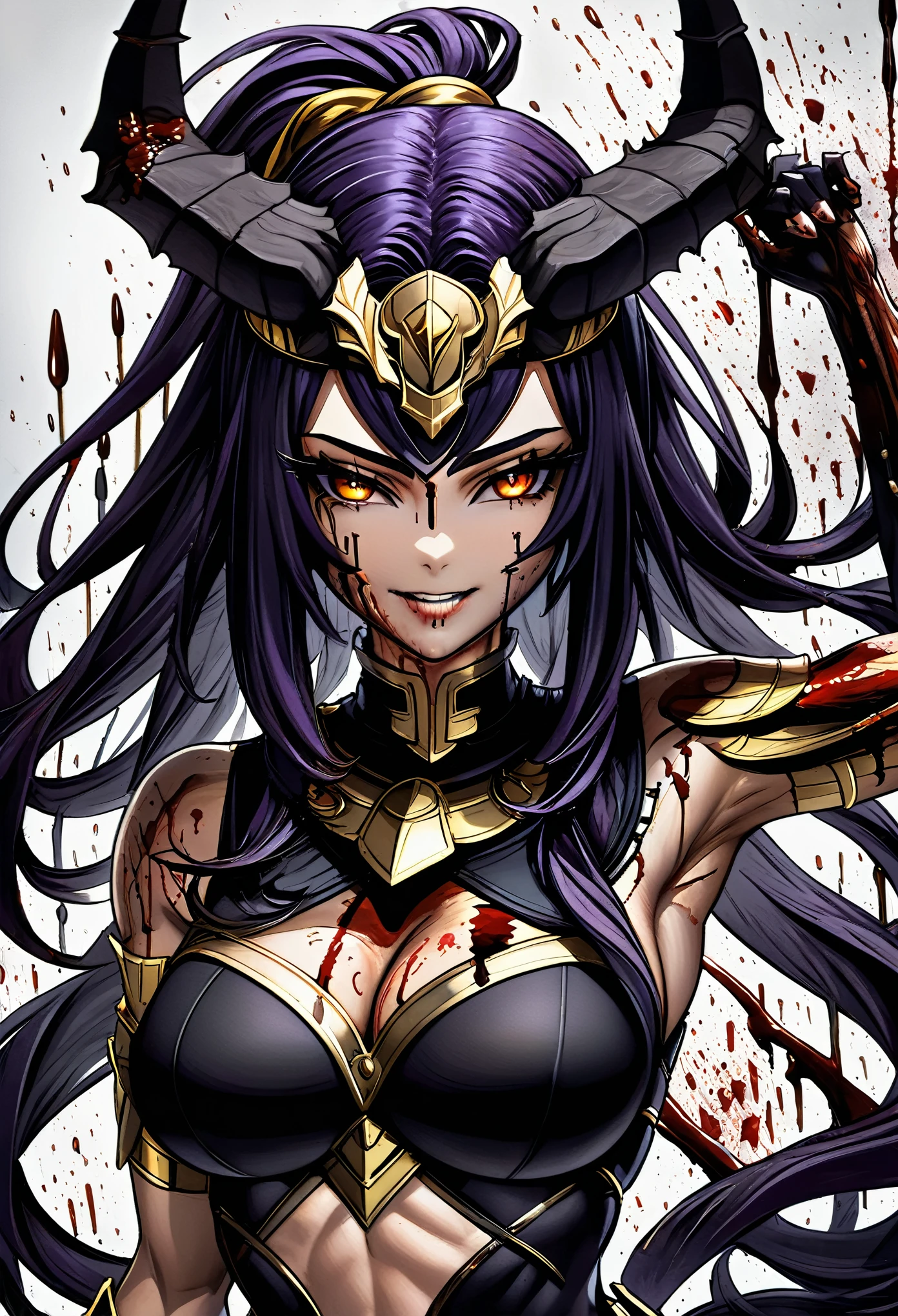 Uberfit,There is a picture of a person, The painting depicts an animal with a golden head and horns, Maniacal smile,toothy smile,Distorted face smile,portrait of dragoon, Mysterious Anubis Valkyrie, Super detailed fantasy characters, dragon portrait, sleipnir'Photo, ghost of anubis, (Raise your hand and stroke your hair),, V-shaped eyebrows, red glowing eyes striped hair, Colored inner hair, cover hair,dark purple color palette,4K details fantasy, Polaroid Counting Trends, zbrush competition champion, Draw using zbrush, ZBrush Central Competition Champion, Realistic hair texture,horse warrior, (The whole body is covered with blood:3),