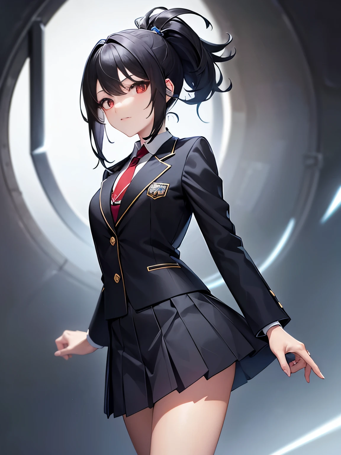 masterpiece, best quality, ultra-detailed, beautiful, 1girl, solo, (((black hair, blue inner hair))), ponytail,medium hair,between eyes,half-open slit eyes,squint,red eyes,ear piercing,choker,school-uniform, tie, blazer, dark blue skirt, short skirt, standing, full body, toe, simple background, from front, looking at the viewer,
