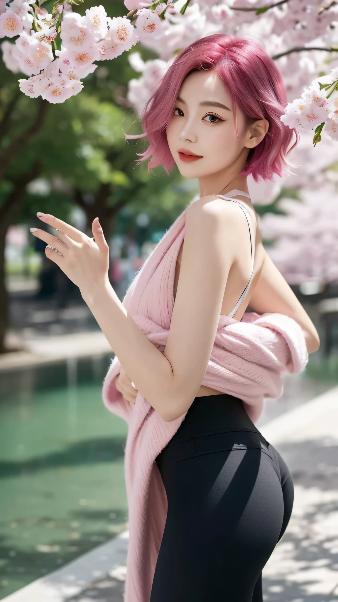 In a vibrant spring park, a Chinese woman captures the essence of contemporary style with her distinctively colored and styled hair. Her short hair is dyed a lively shade of pink, reflecting a bold and modern aesthetic. The ends of her hair are softly curled, adding a layer of sophistication and playful charm to the vivid hue. These gentle curls, combined with the subtle fading at the tips, create a stylish and nuanced look, showcasing her flair for trendy and expressive personal grooming. Complementing her striking hairstyle, she wears yoga pants, ideal for a comfortable and active day amidst the blossoming scenery. Her sunglasses add an element of mystery and chic, enhancing her overall look. The combination of her vibrant pink hair with its playful curls and the fading color at the ends, set against the backdrop of the spring park and paired with her practical yet fashionable attire, creates a picture of a confident, fashion-forward individual embracing the beauty of the season.