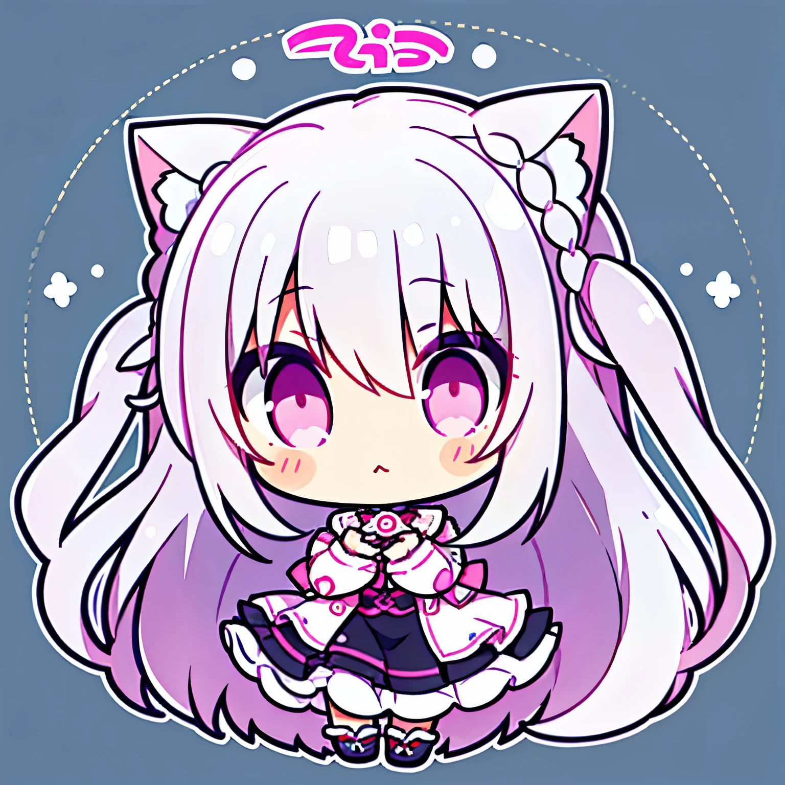 bright look,looking at the viewer,Very cute Q version silver-haired girl ,pink eyes and pupils,cat eyes,wavy long hair,two side up,simple background