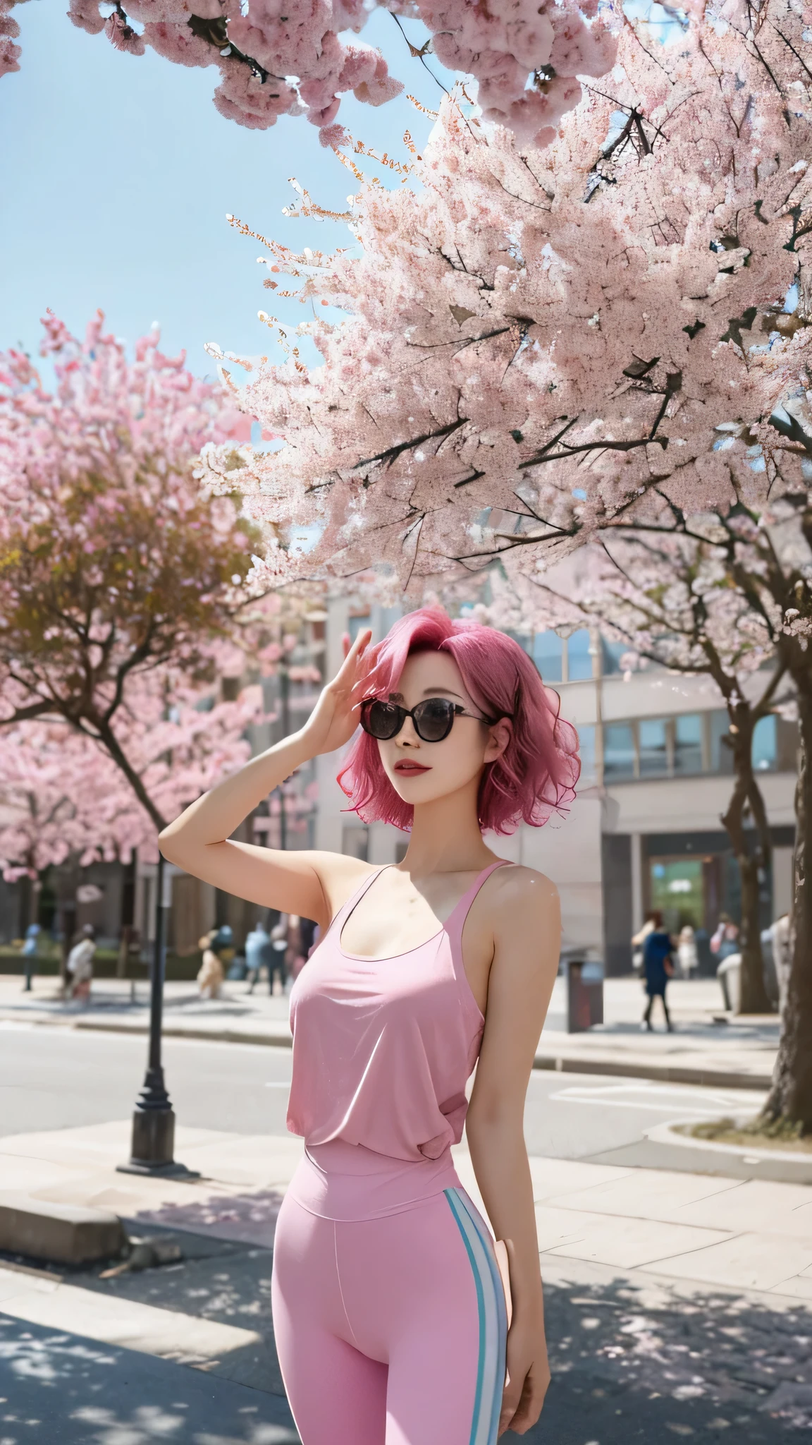 In a vibrant spring park, a Chinese woman captures the essence of contemporary style with her distinctively colored and styled hair. Her short hair is dyed a lively shade of pink, reflecting a bold and modern aesthetic. The ends of her hair are softly curled, adding a layer of sophistication and playful charm to the vivid hue. These gentle curls, combined with the subtle fading at the tips, create a stylish and nuanced look, showcasing her flair for trendy and expressive personal grooming. Complementing her striking hairstyle, she wears yoga pants, ideal for a comfortable and active day amidst the blossoming scenery. Her sunglasses add an element of mystery and chic, enhancing her overall look. The combination of her vibrant pink hair with its playful curls and the fading color at the ends, set against the backdrop of the spring park and paired with her practical yet fashionable attire, creates a picture of a confident, fashion-forward individual embracing the beauty of the season.