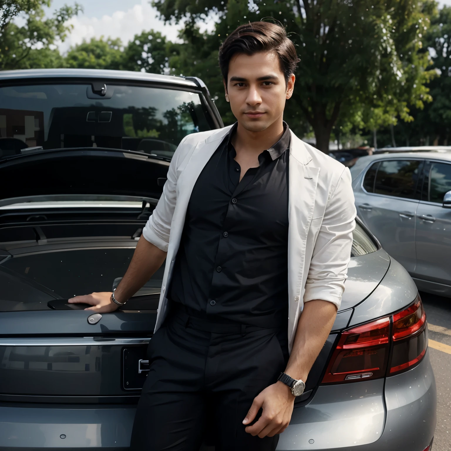 Fair,young billionaire beside a car