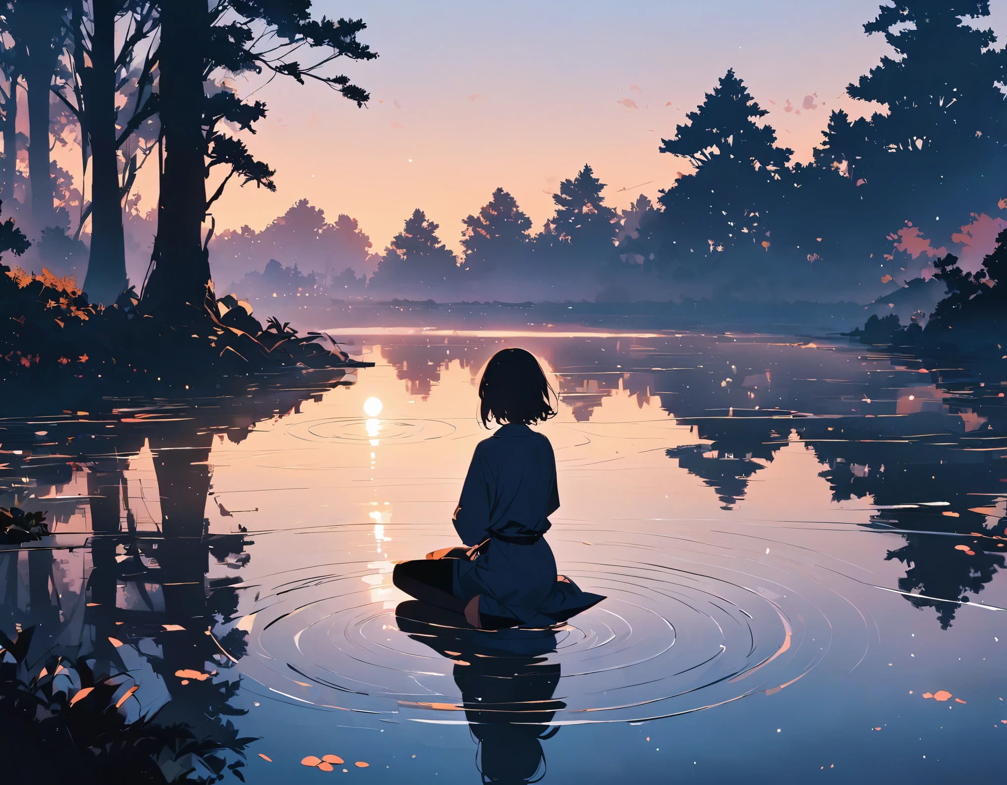 "((peaceful)) Scenes, girl kneeling and meditating, ((ripples in the pond)), ((Marshmallow Cloud)), ((Silhouette of a gnarled tree)), Professional photography, ((rule of thirds)), High resolution, best quality