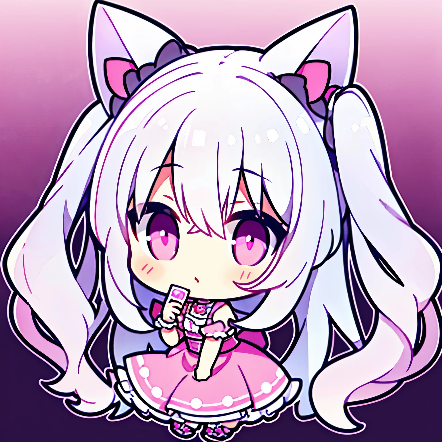 bright look,looking at the viewer,Very cute Q version silver-haired girl ,pink eyes and pupils,cat eyes,wavy long hair,two side up,simple background