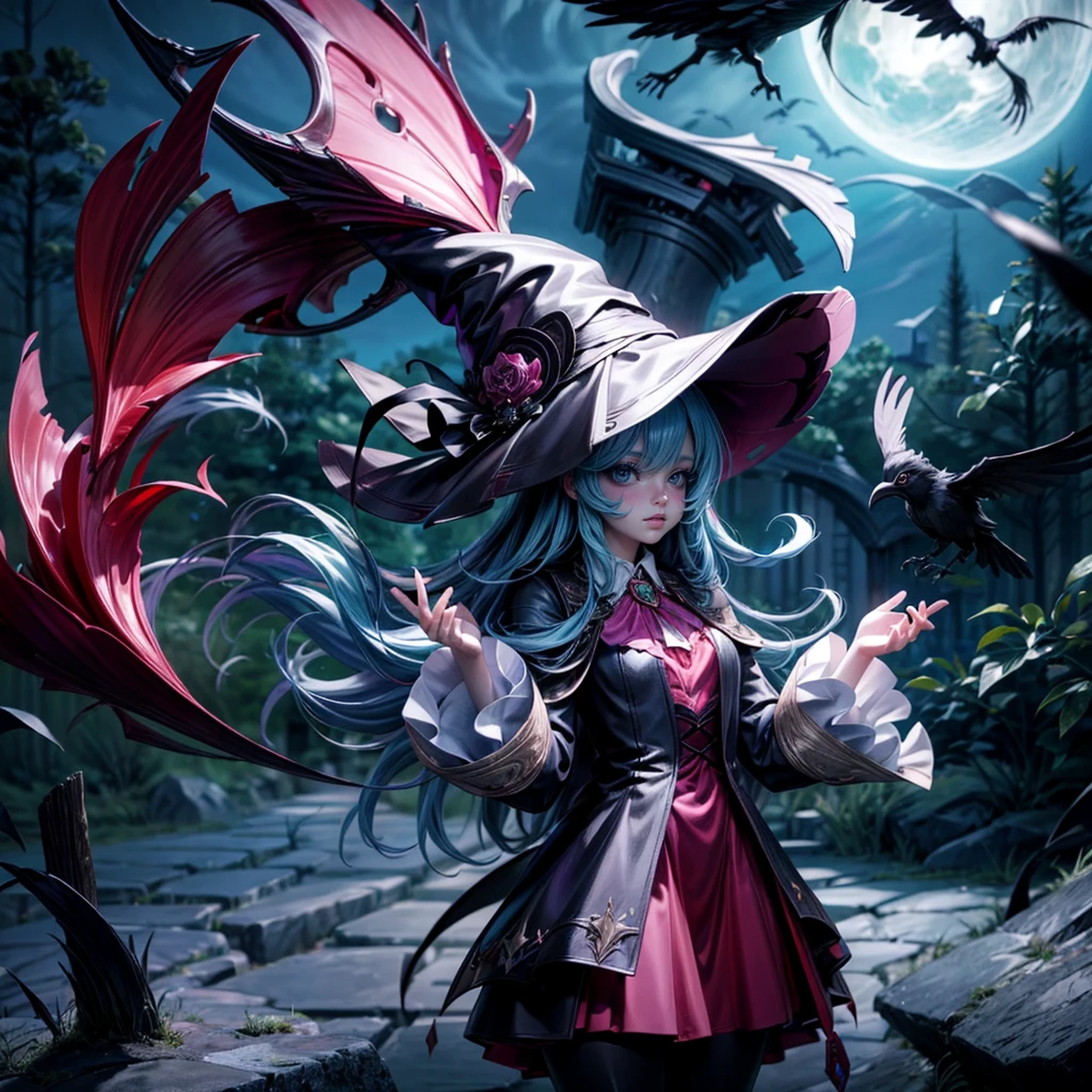 Anime girl in a witch costume standing in the forest with crows flying overhead, witch fairytale, anime fantasy artwork, Castlevania Witch, anime art wallpaper 4k, anime art wallpaper 4k, anime fantasy illustration, anime art wallpaper 8k, Witch girl, sky witch, dark witch, Trending on Art Station Pixiv, gothic otome anime girl