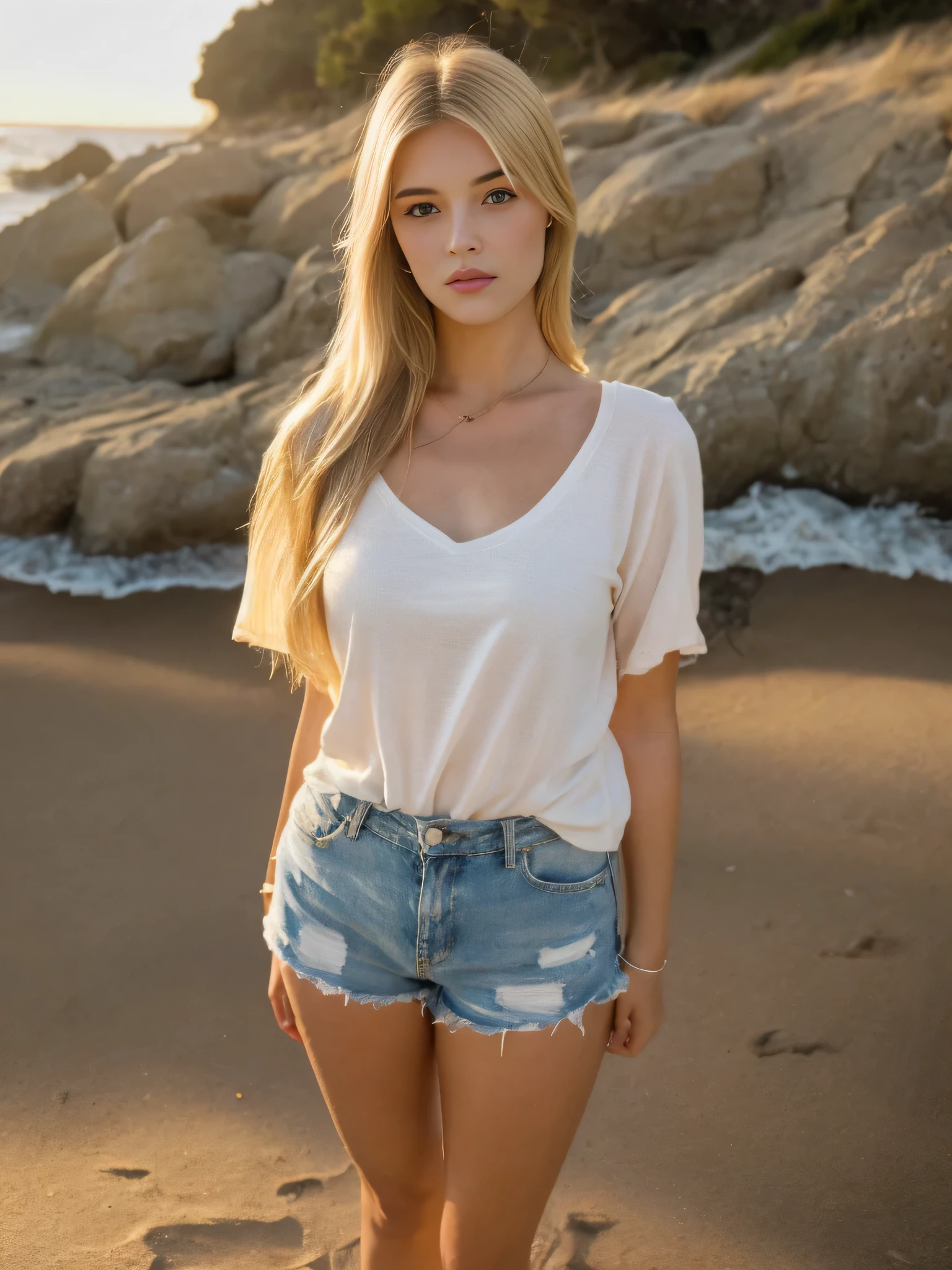 Hello. can u generate me avatar for a woman with blond hair, blue eyes, around 170cm height, near sea, with casual clothes