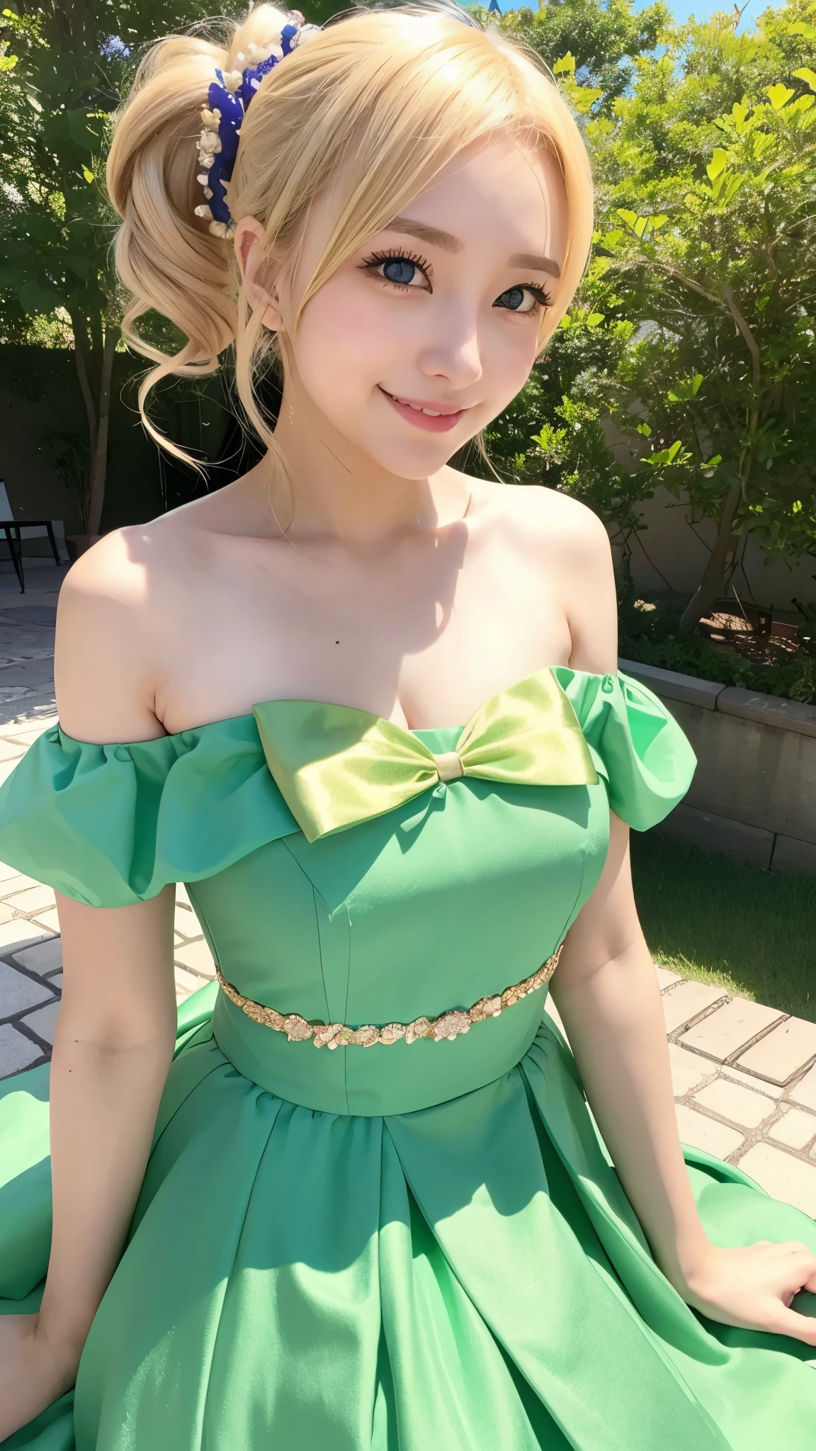 she is cosplaying as a princess、blonde short、smile、green eyes、Colorful and fancy dresses、ponytail