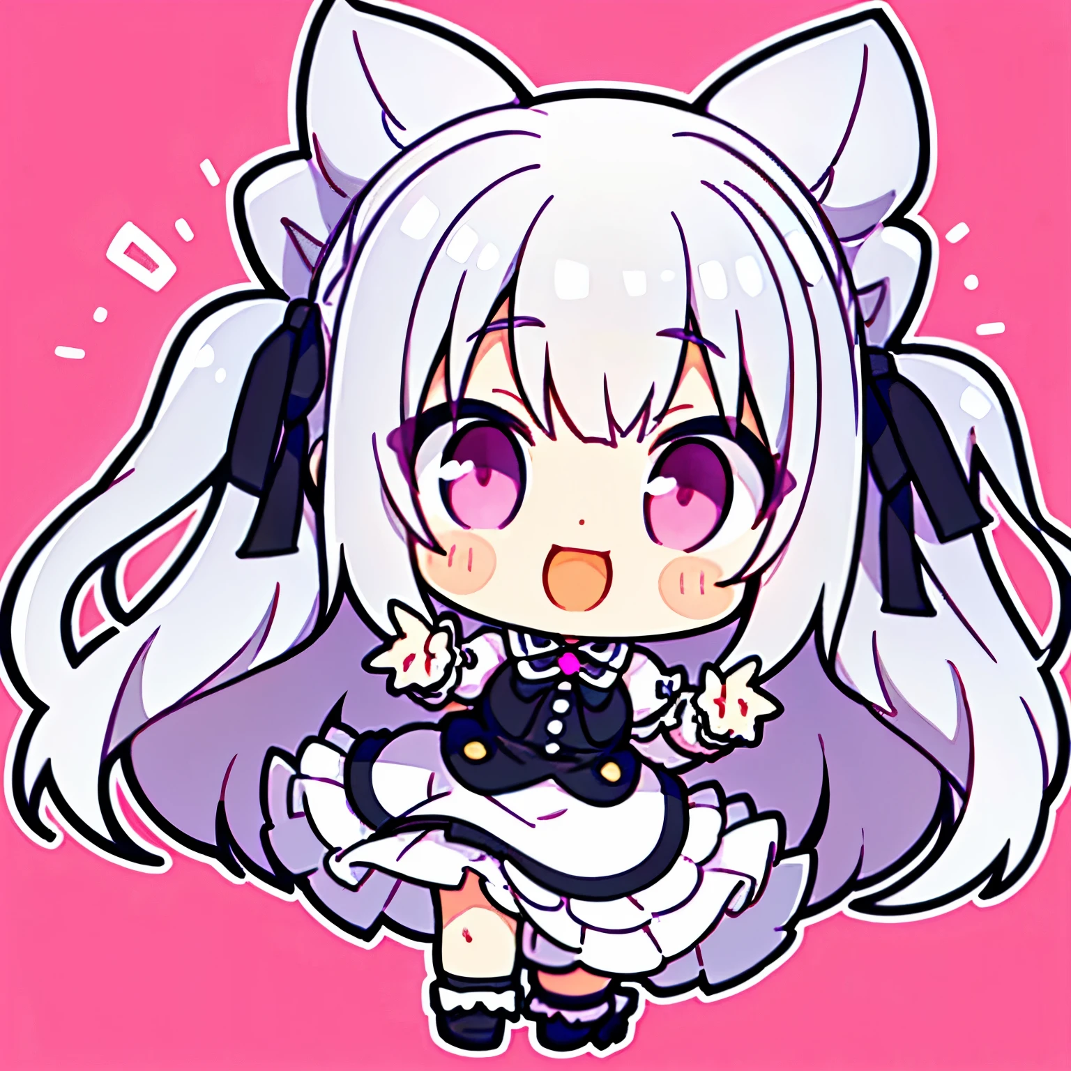 bright look,open mouth smile,Very cute Q version silver-haired girl ,pink eyes and pupils,wavy long hair,black ,two side up,simple background