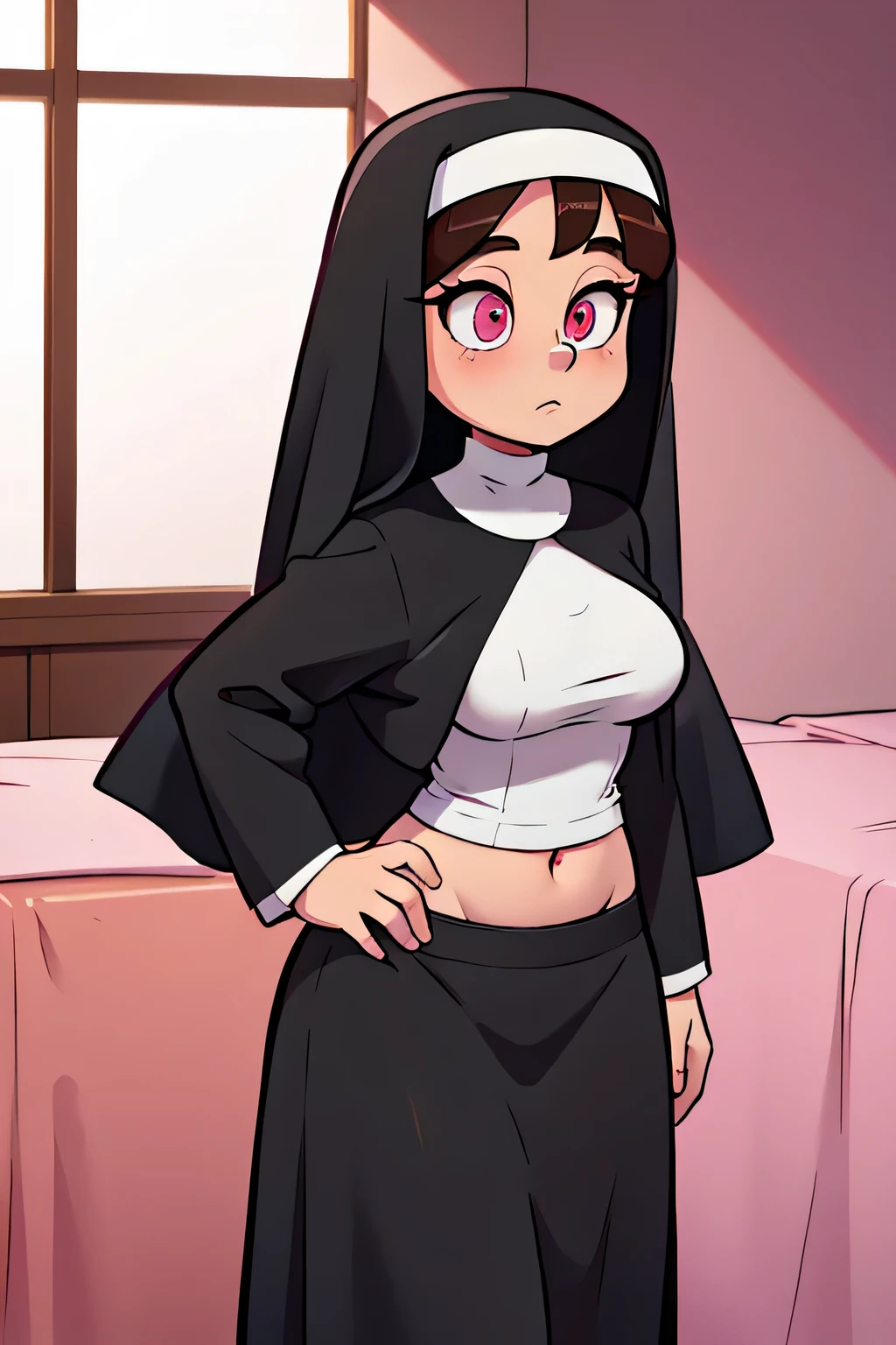 Big nun girl big chest long brown hair and wears short black nun shirt shows navel and underneath a long black nun skirt and wide body and pink eyes and using hallucination powers