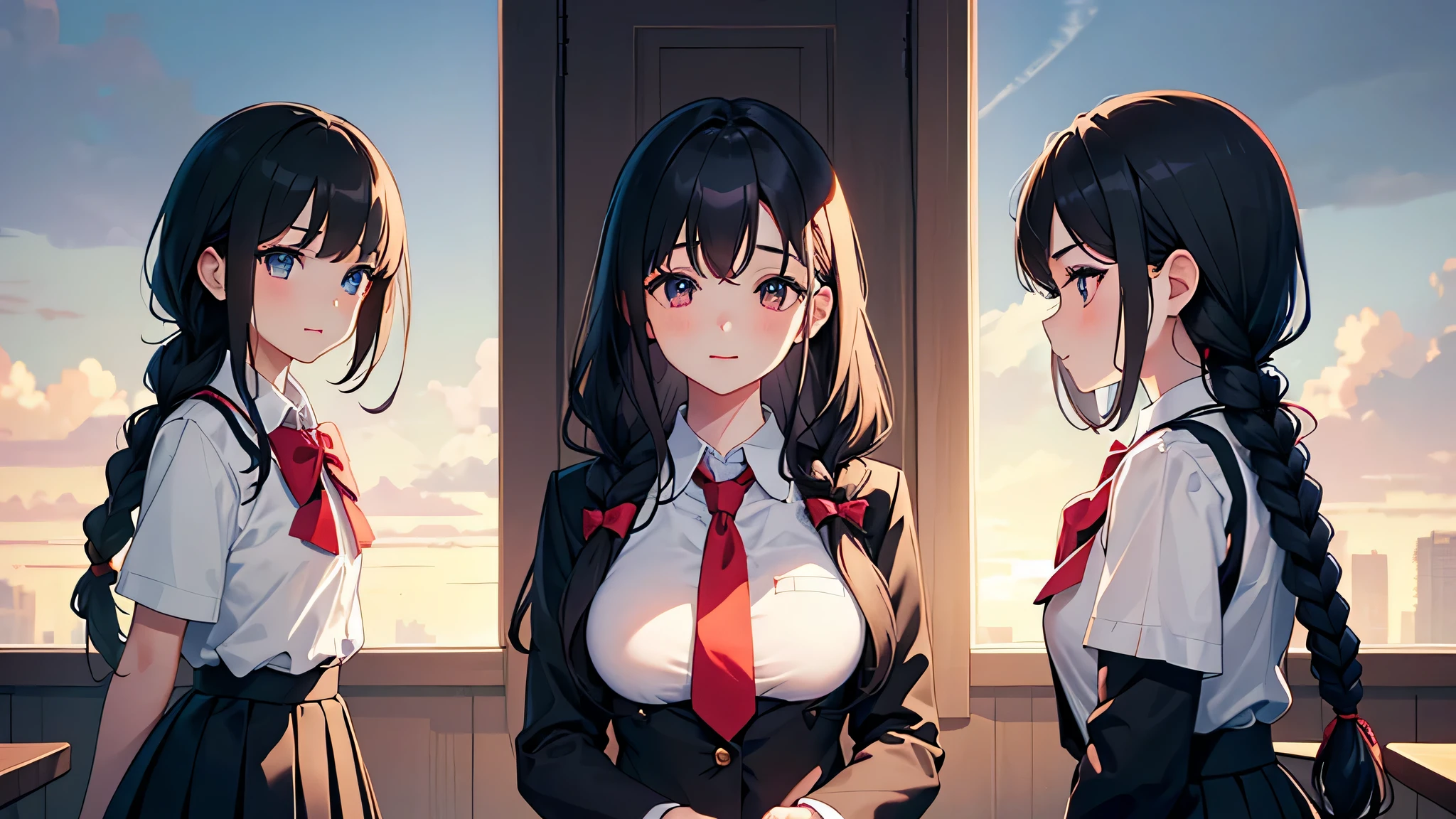 upper body (3 girls, cute triplet:1.3 girls, Braid black hair 14 yo) in a school blazer, skirt, best smile, break, perfect anatomy, masterpiece:1.2, best quality, 8k, beautiful detailed grow, daydreaming expression,