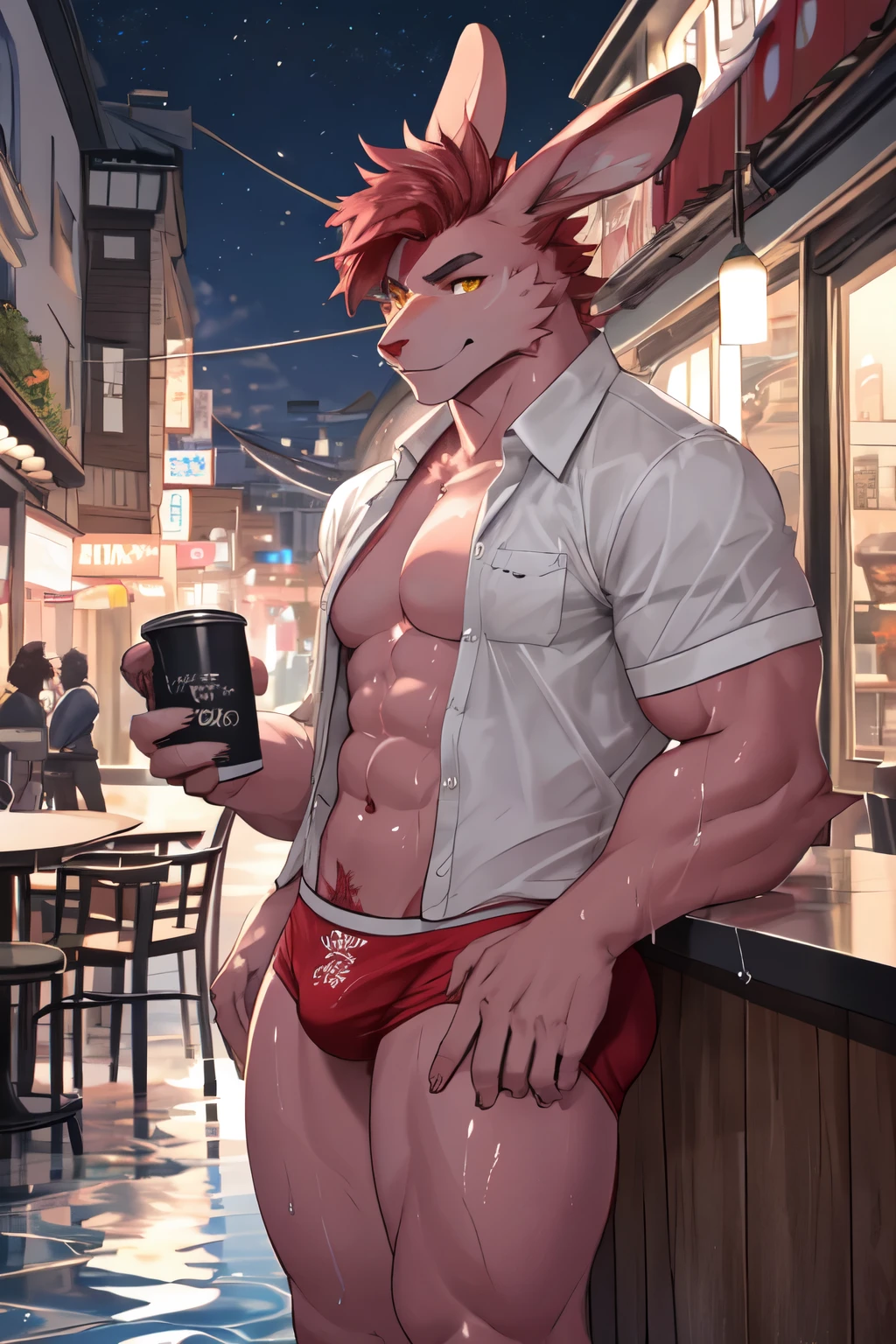((best quality)), ((masterpiece)), (detailed), perfect face, bara furry, rabbit man, big body, pink skin, short jackson wang red hair, yellow eyes, perfect eyes, long rabbit ears, wet body, handsome, at cafe, night background, opened shirt, red underwear