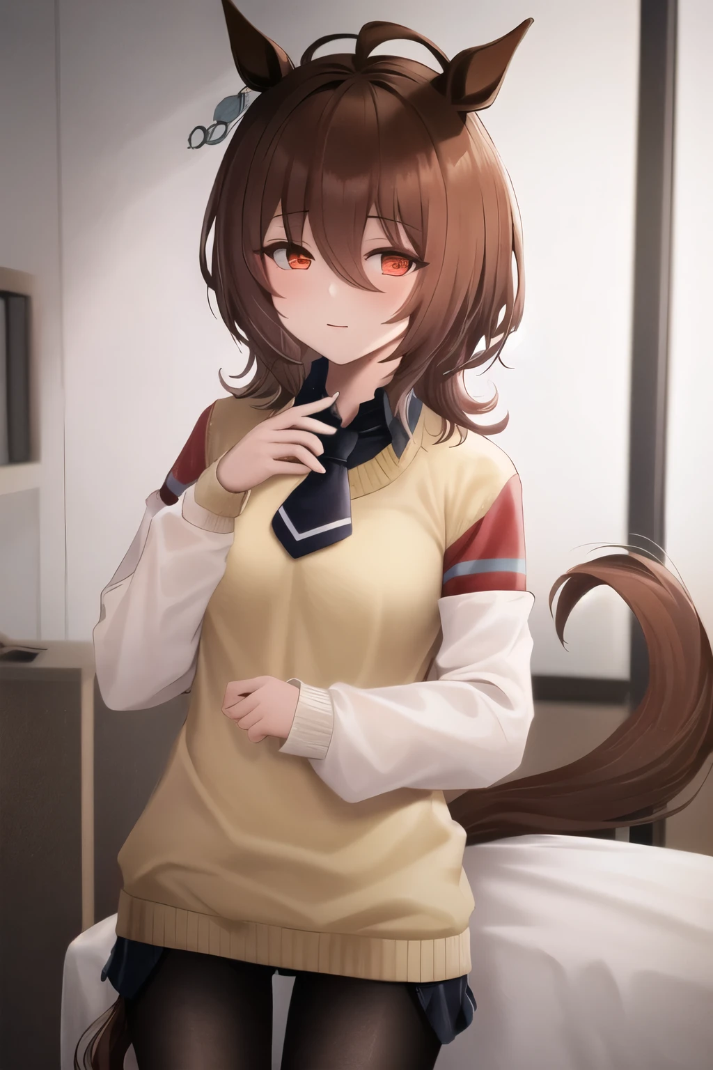 masterpiece, top-quality, Agenstachyon\(umamusume\), 独奏, Cowboy Shot Block_eyes,Manteau blanc, black pantyhose, Finger over sleeves, Yellow sweater, Black tie, Horse Girl, Horsetail, brown haired, red eyes,nsfw,pussy,nipple,sex,Pussy,fullnude,dildo in pussy