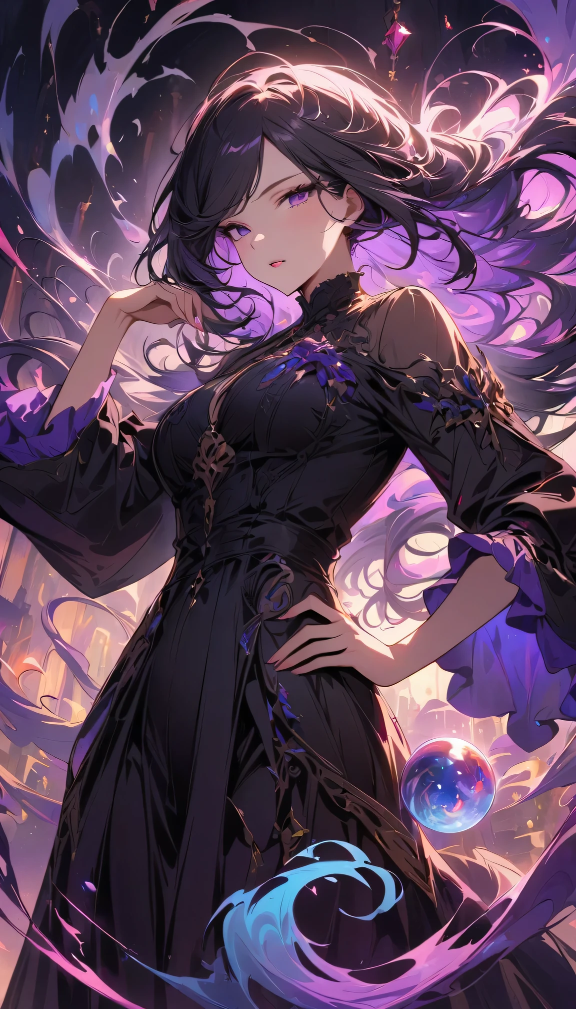 masterpiece, best quality, 1 girl, with long flowing 彩虹色的 头发 in shades of purple, blue, and green, Wearing a stylish black jumpsuit, stand in a dramatic pose，one hand on hip，The other hand holds something shiny, magic crystal ball. In the background, Swirls of light and energy add to the scene’s mysterious and enchanting atmosphere. glow hair, multicolor hair
