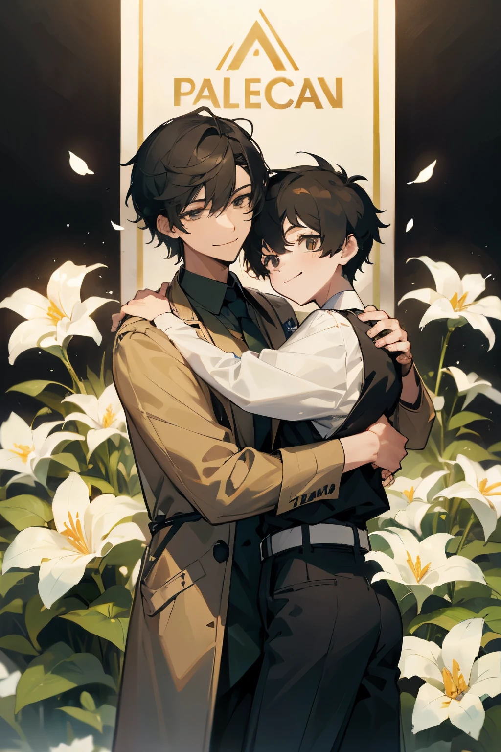 Q version,2 boys,The tall guy holds the smaller guy with one arm,Smiling happily facing the camera,background in flowers。Tall boy wearing police uniform,