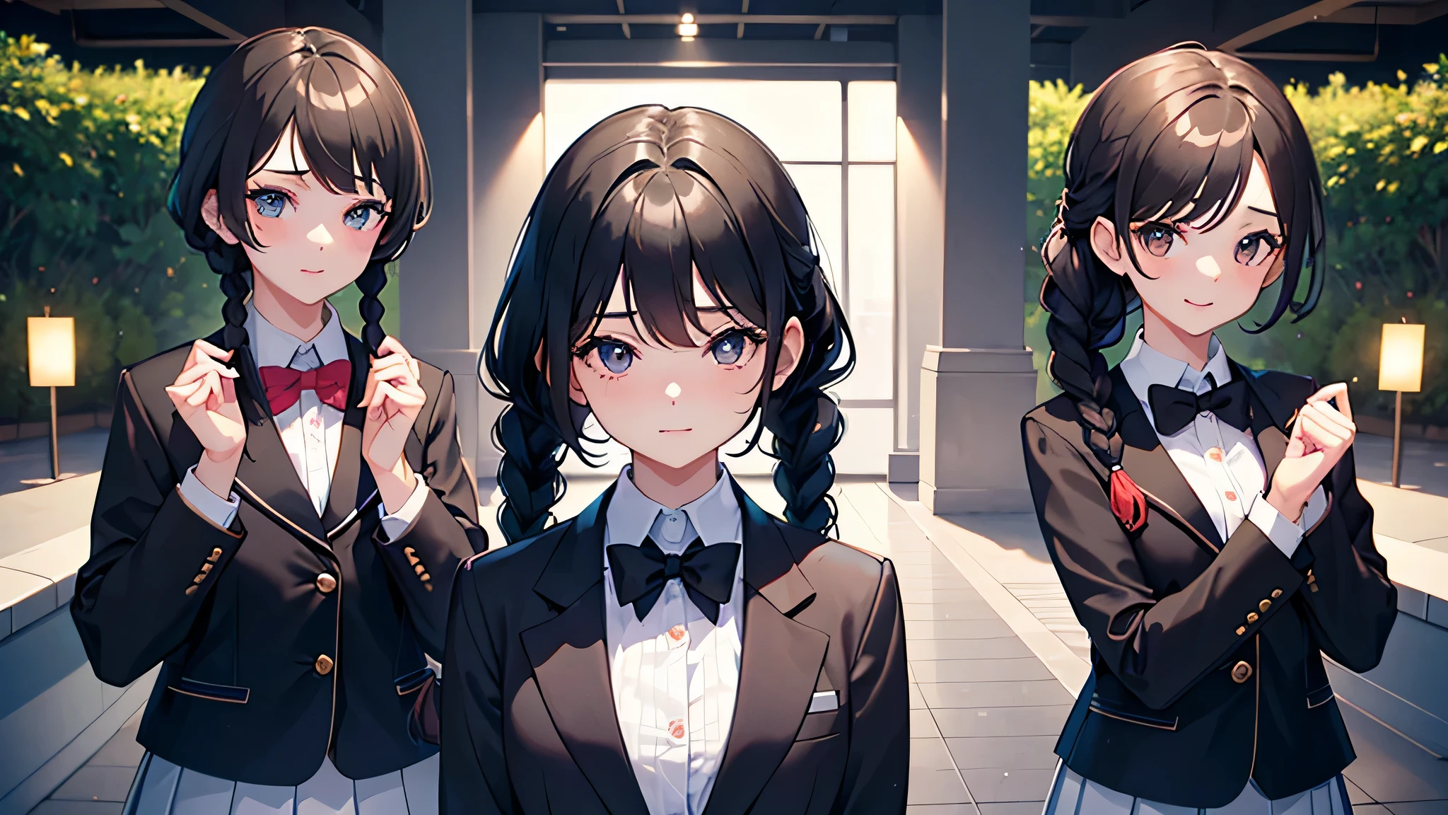 upper body (3 girls, cute triplet:1.3 girls, Braid black hair 14 yo) in a school blazer, skirt, best smile, break, perfect anatomy, masterpiece:1.2, best quality, 8k, beautiful detailed grow, daydreaming expression,