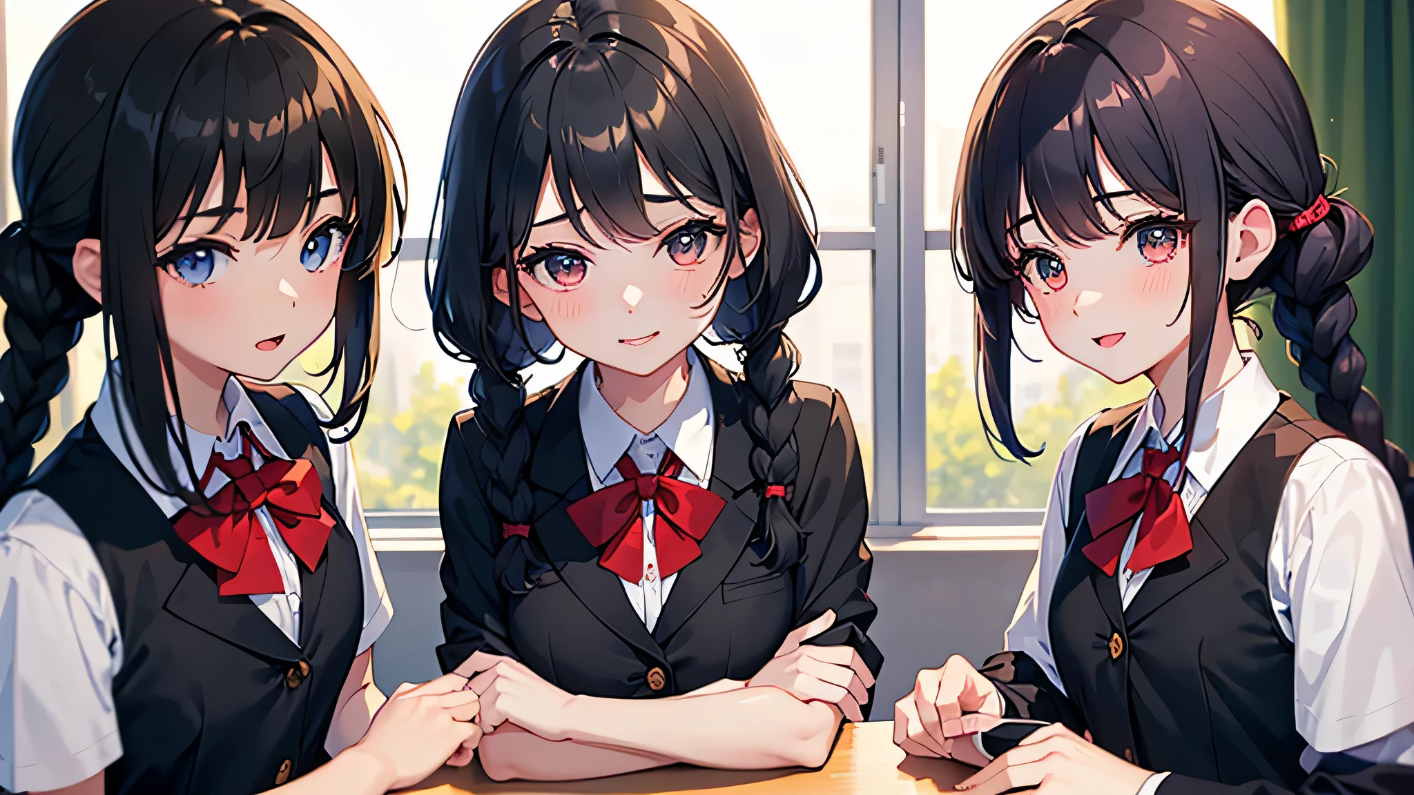 upper body (3 girls, cute triplet:1.3 girls, Braid black hair 14 yo) in a school blazer, skirt, best smile, break, perfect anatomy, masterpiece:1.2, best quality, 8k, beautiful detailed grow, daydreaming expression,