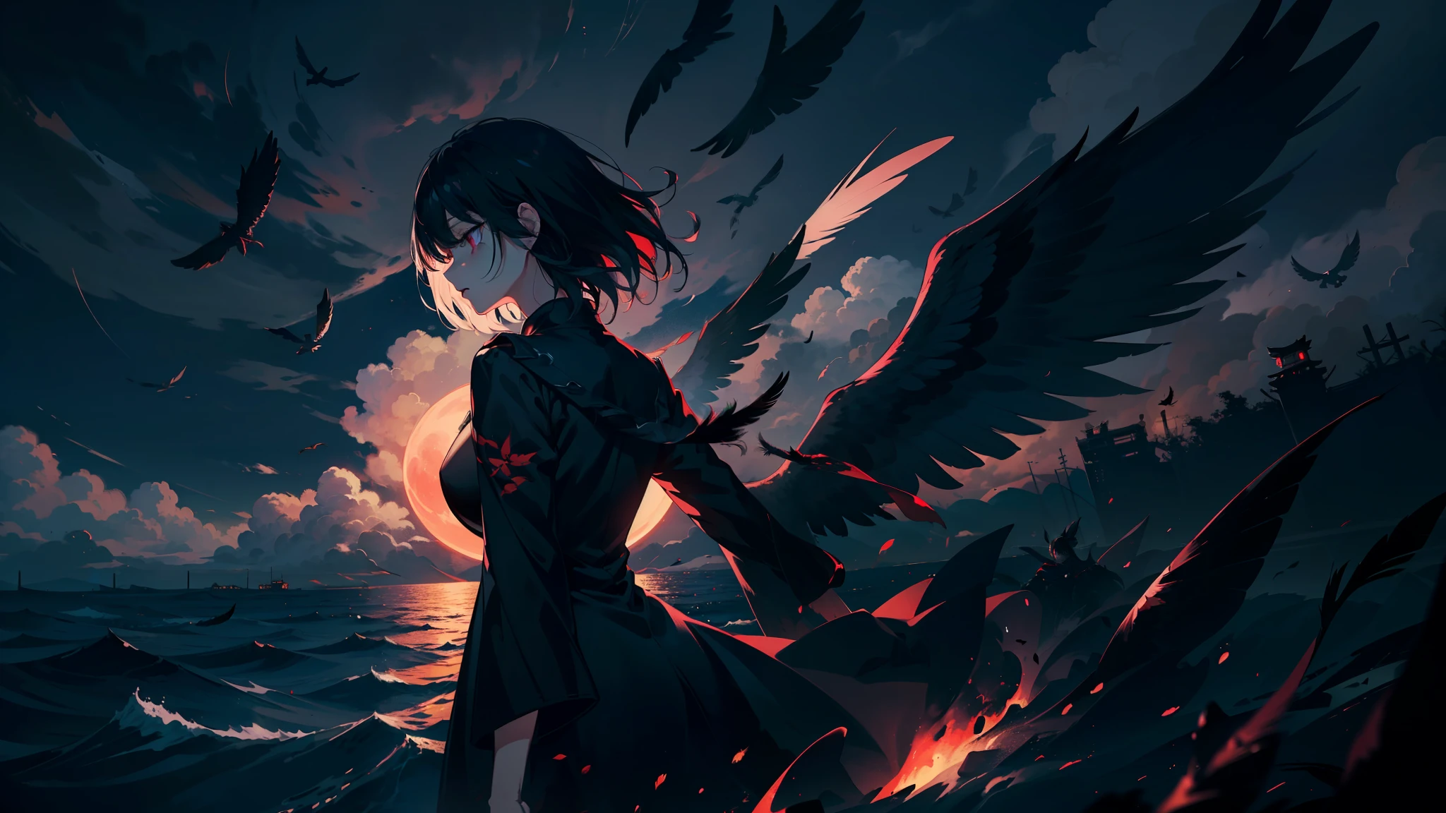 Floating black ash, Beautiful dense black, Red Moon, ((black cloud)), (Black wings) , Black cloudy sky, combustion, black dress, ((black fog)), red eyes, (black smoke), ((Black feathers floating in the air)),One, (浮かぶblack cloud:1.5),takemi tae,