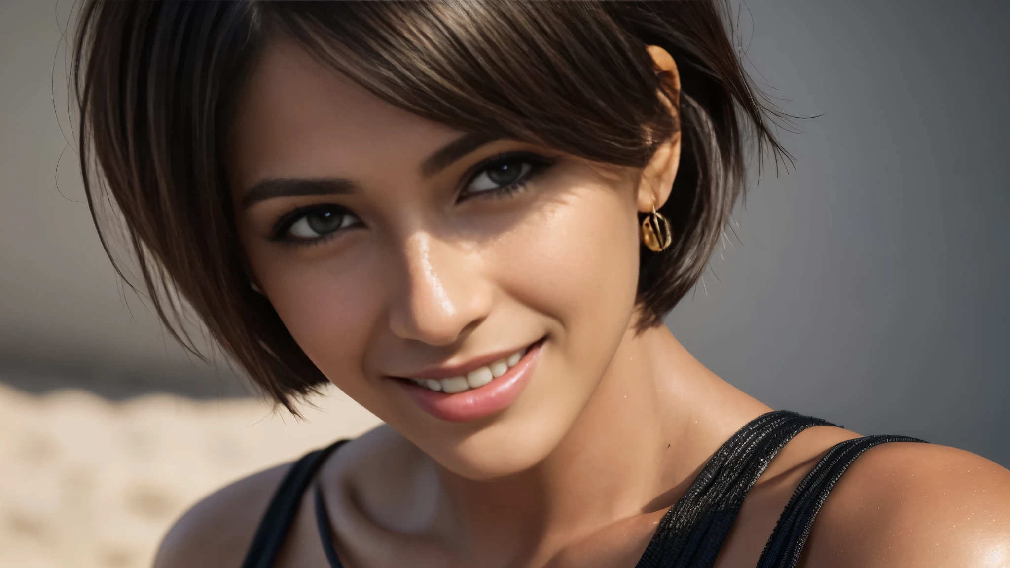Isabela Merced, portrait photo, close-up of face, bob_cut hair, smiling seductively, (skin texture:1.1), (high detail face:1.1),high detail body, high detail clotheasterpiece), (realistic), ultra high definition, 4k, ultra high resolution, film grain, cinematic lighting, rim lighting, photo by Arny Freytag, RAW image