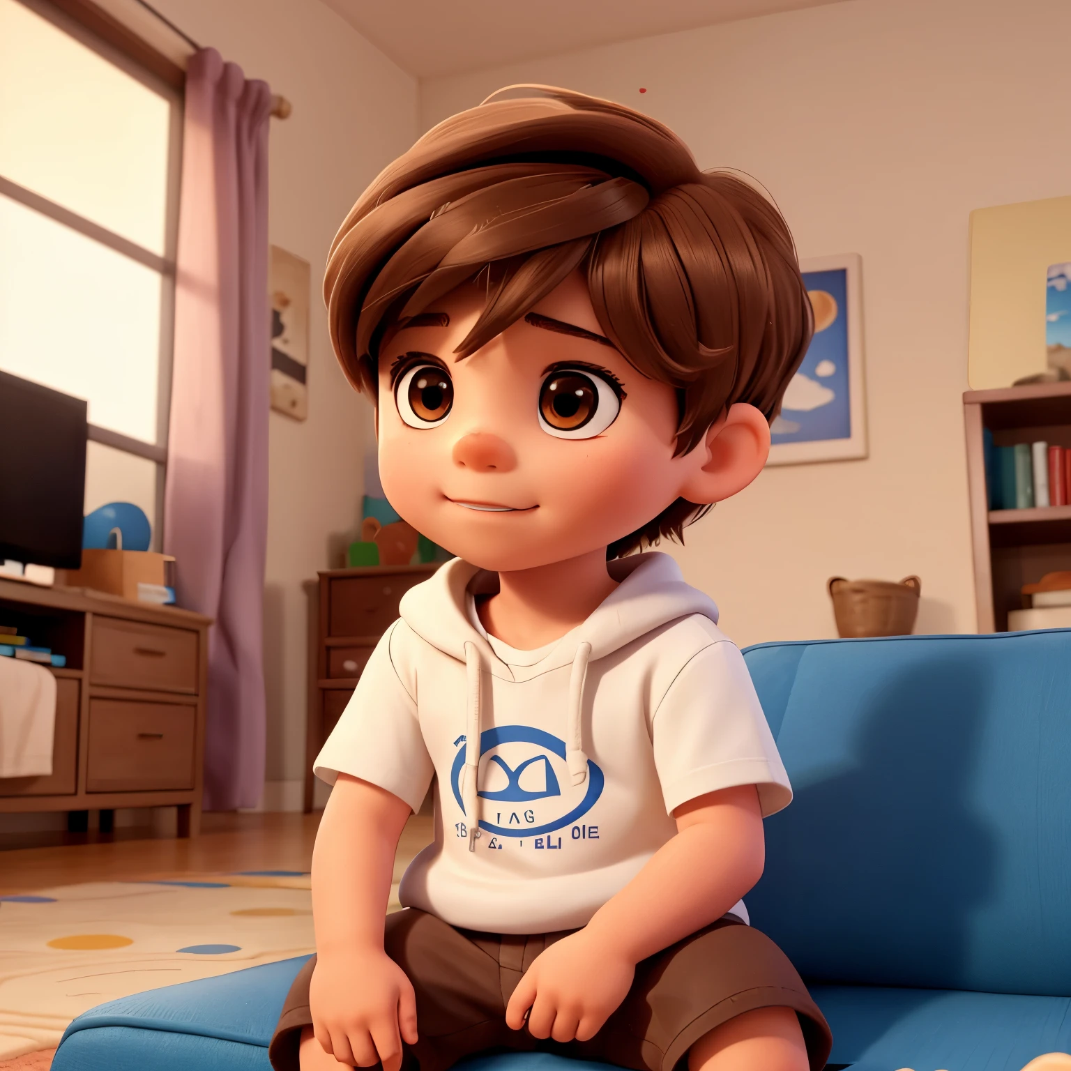 A two year old boy, white skin, brown hair and brown eyes, Sitting on the couch, il regarde la télévision