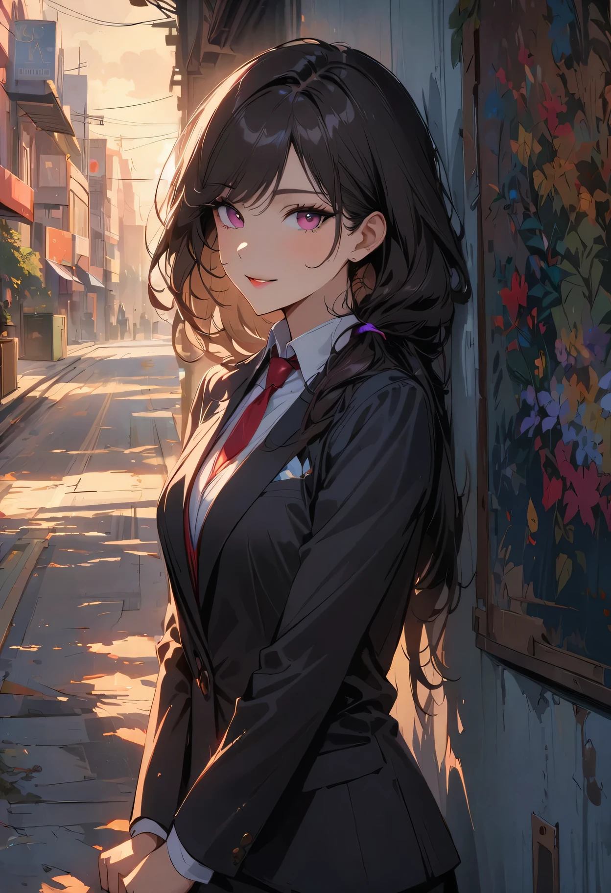 Ibuki Mita /(On the broken projectile/), Bank super details, masterpiece, illustration, 8K, masterpiece, Realistic shadows, slope, Volumetric lighting, Lovely, environmental lighting,  rich and colorful, Beautiful and delicate eyes 1girl, alone, (original clothing), Smile, {office background}, formal suit