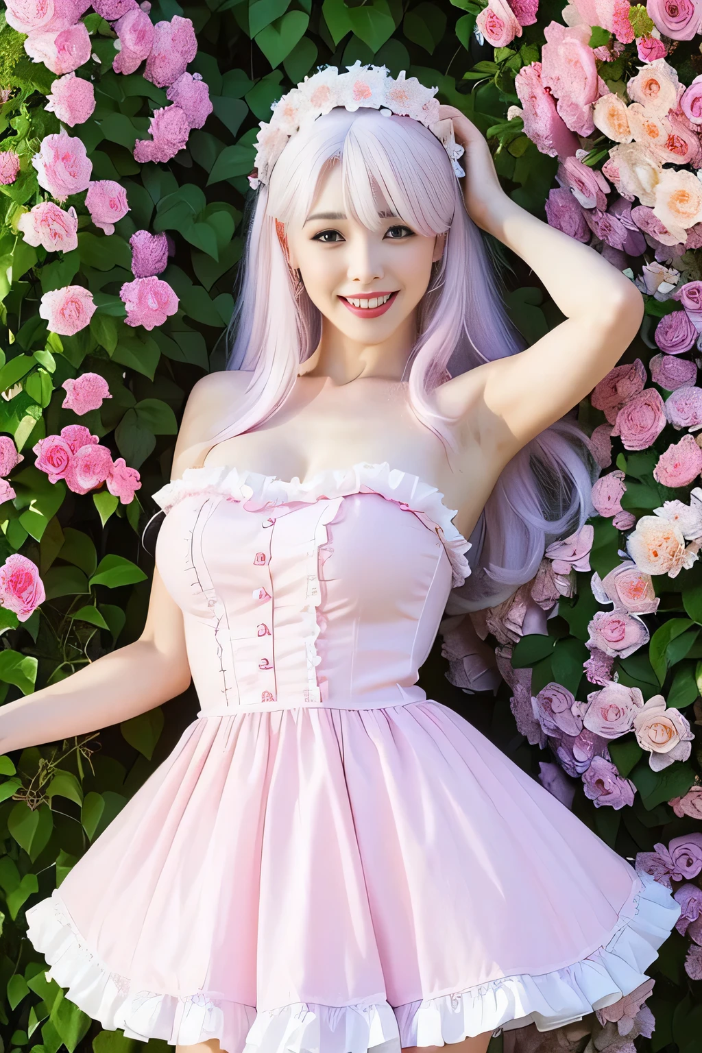 (realistic, highest quality: 1.4),(woman,smile(pink and white hair)),((Show your armpits)open your legs)(gothic lolita),(garden,colorful flowers)