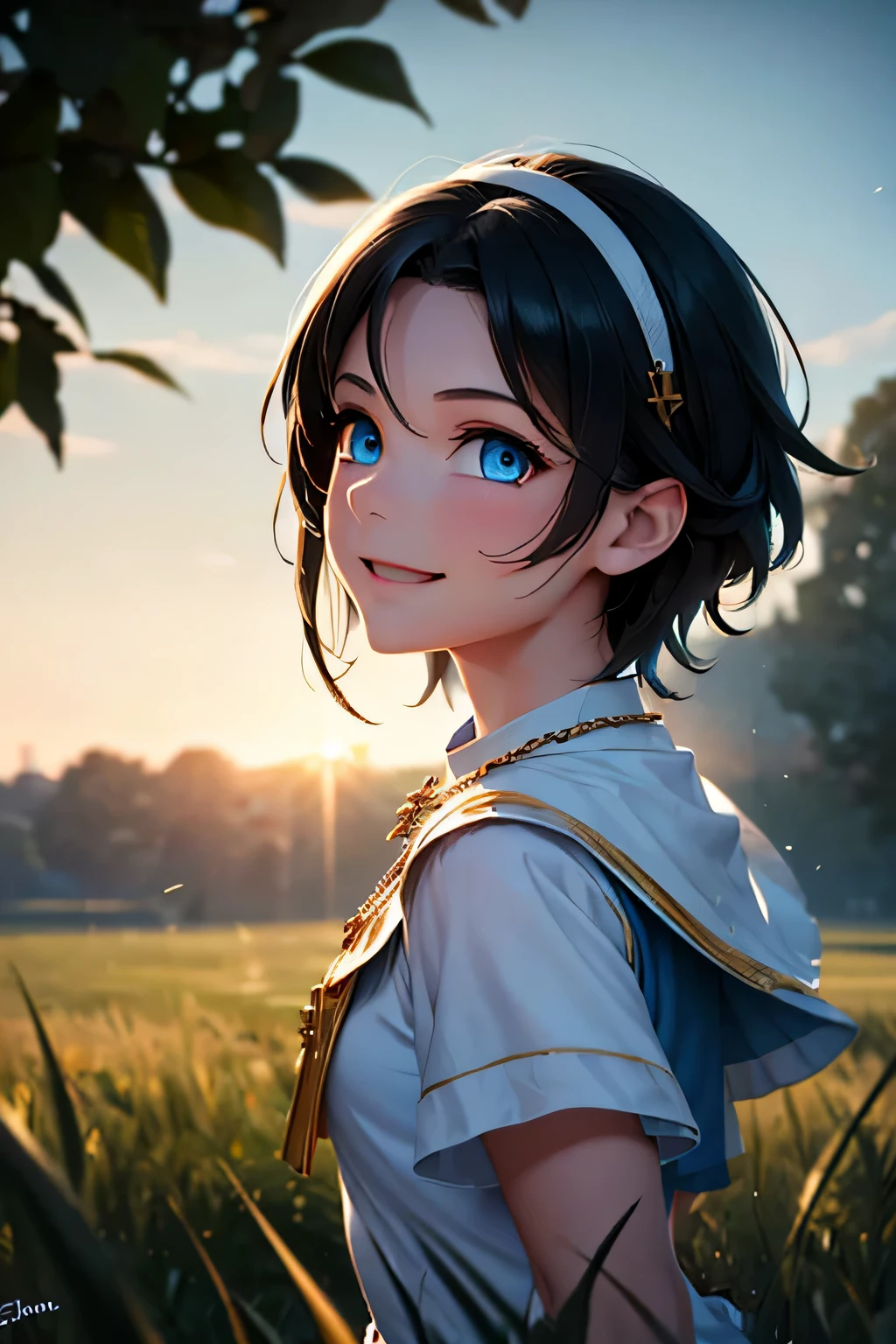 ((masterpiece)), (bestquality), ((ultra-detailed)), ((cinematic lighting)), from the Side, depth of field, (dynamic angle),detailed lighting, (beautiful detailed blue eyes),outdoors, 1girl, black hair, Cross necklace, tomboy, cleric, cheerful, smiling, small bust, running through grass, arms extended to the Side,