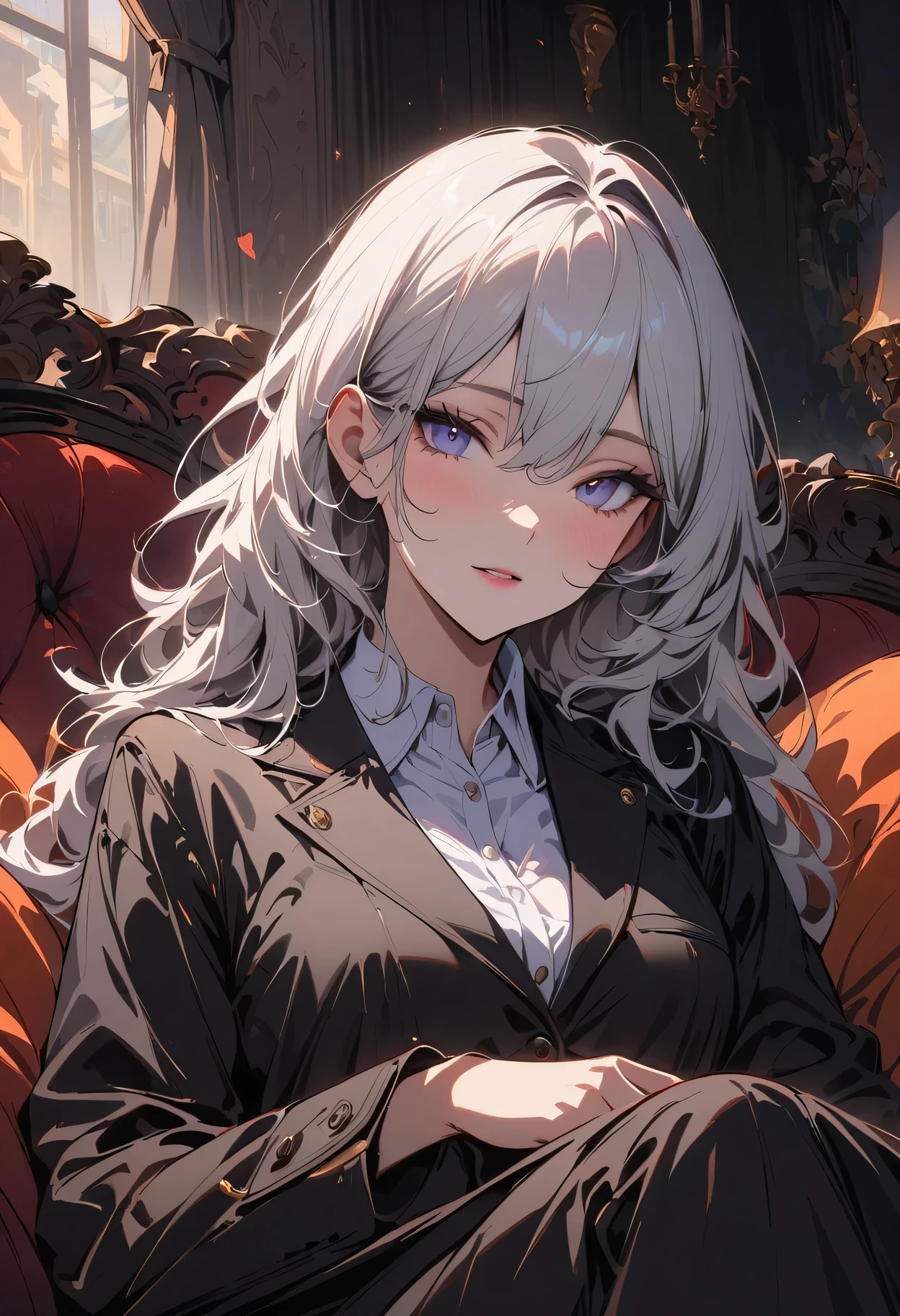 +masterpiece, best quality, super detailed, a female student, pretty face, Rich details, (long white hair), perfect face, work clothes, sitting, close up, sofa