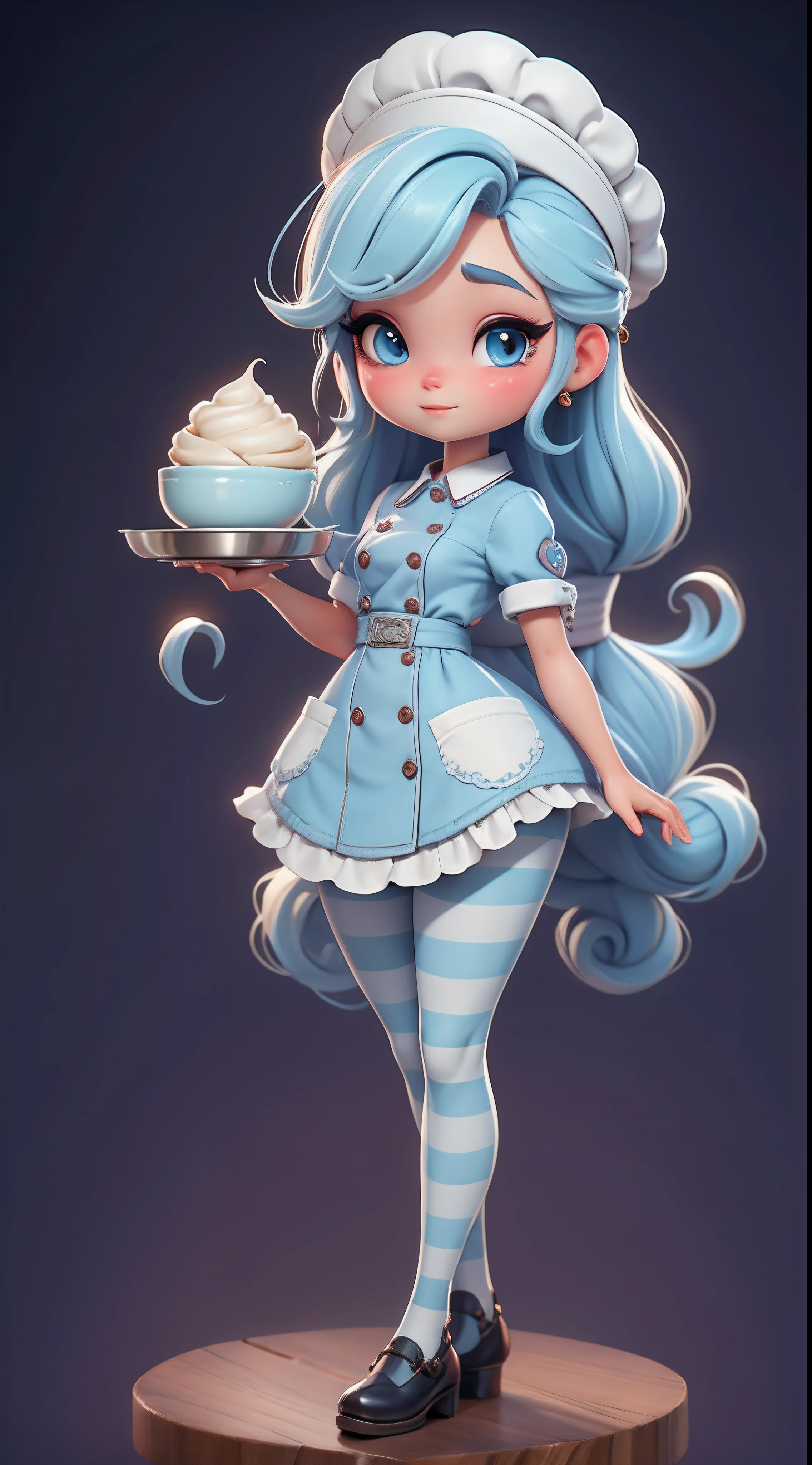 Create a series of chibi-style dolls with a cute pastry chef theme, each with lots of detail and in an 8K resolution. All dolls should follow the same solid background pattern and be complete in the image, mostrando o (corpo inteiro, incluindo as pernas: 1.5)
Boneca Mini Chef: Chame-a de Sophie. Ela deve ter cabelo curto e liso em tom de rosa ou azul pastel. Seus olhos devem ser grandes e expressivos, with long eyelashes and rosy cheeks. Sophie deve estar vestida com uma jaqueta de chef, striped pants and an ornate chef's hat. She should hold a wooden spoon in one hand and a bowl of cookie dough in the other. Certifique-se de adicionar detalhes nas roupas, such as buttons and pockets, sapato bonito
Certifique-se de adicionar sombras, texturas e detalhes nos cabelos, roupas, confectionery utensils and sweets from each doll, to make them even more adorable and charming.