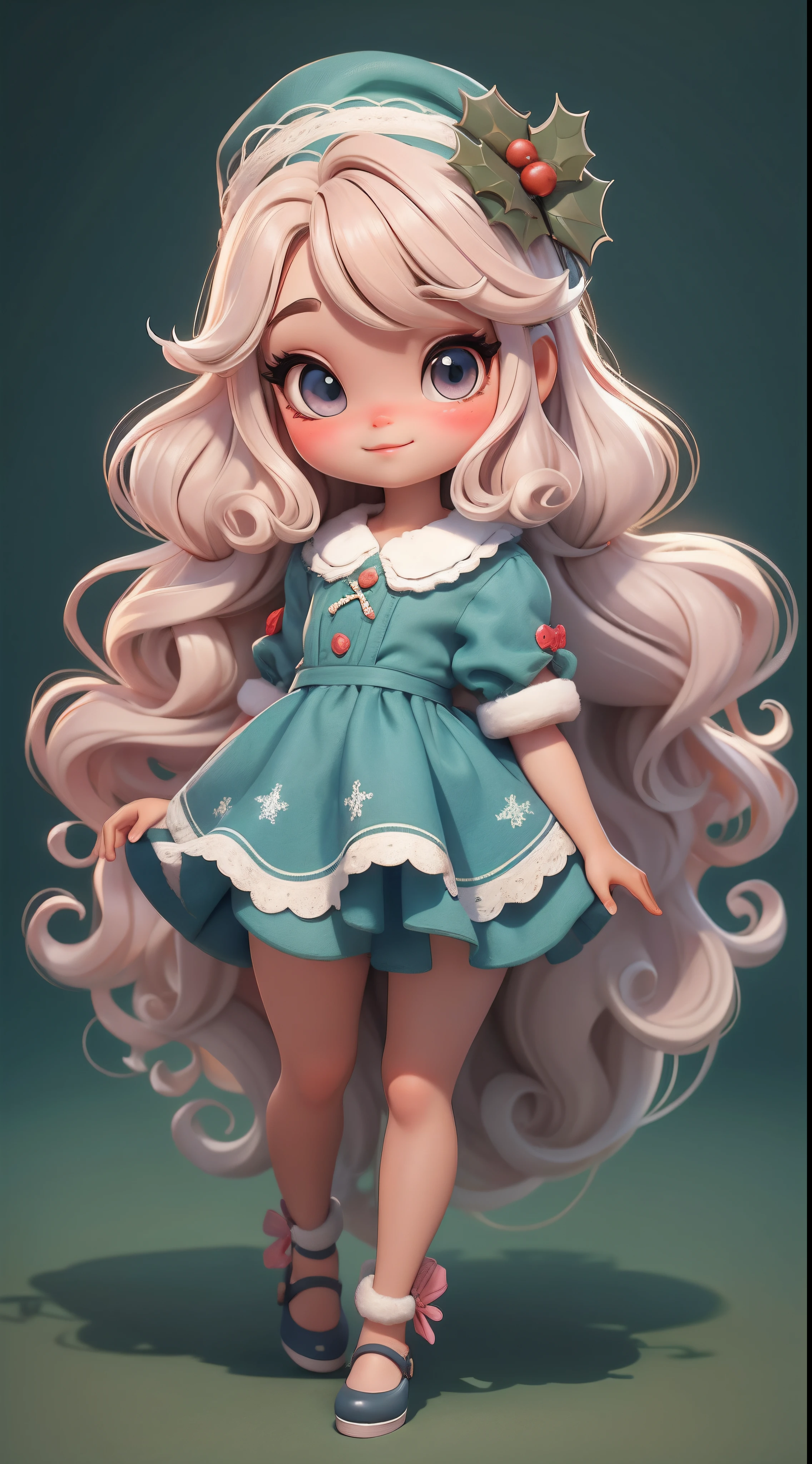 Create a series of  chibi style dolls with a cute Christmas theme, each with lots of detail and in an 8K resolution. All dolls should follow the same solid background pattern and be complete in the image, mostrando o (corpo inteiro, incluindo as pernas: 1.5)

Boneca Natal: Chame-a de Bella. Ela deve ter cabelo longo e cacheado em tons pastel, amarrado em duas marias-chiquinhas. Seus olhos devem ser grandes e brilhantes, with long eyelashes and rosy cheeks. Bella deve estar vestida com um vestido delicado e longo, com avental estampado e saia longa rodada. She should wear a hat and have Christmas accessories on hand, while in the other has nothing. Don't forget the details, com detalhes coloridos e enfeites encantadores, sapato bonito

Certifique-se de adicionar sombras, texturas e detalhes nos cabelos, roupas, Cute accessories of each doll, to make them even more adorable and charming.