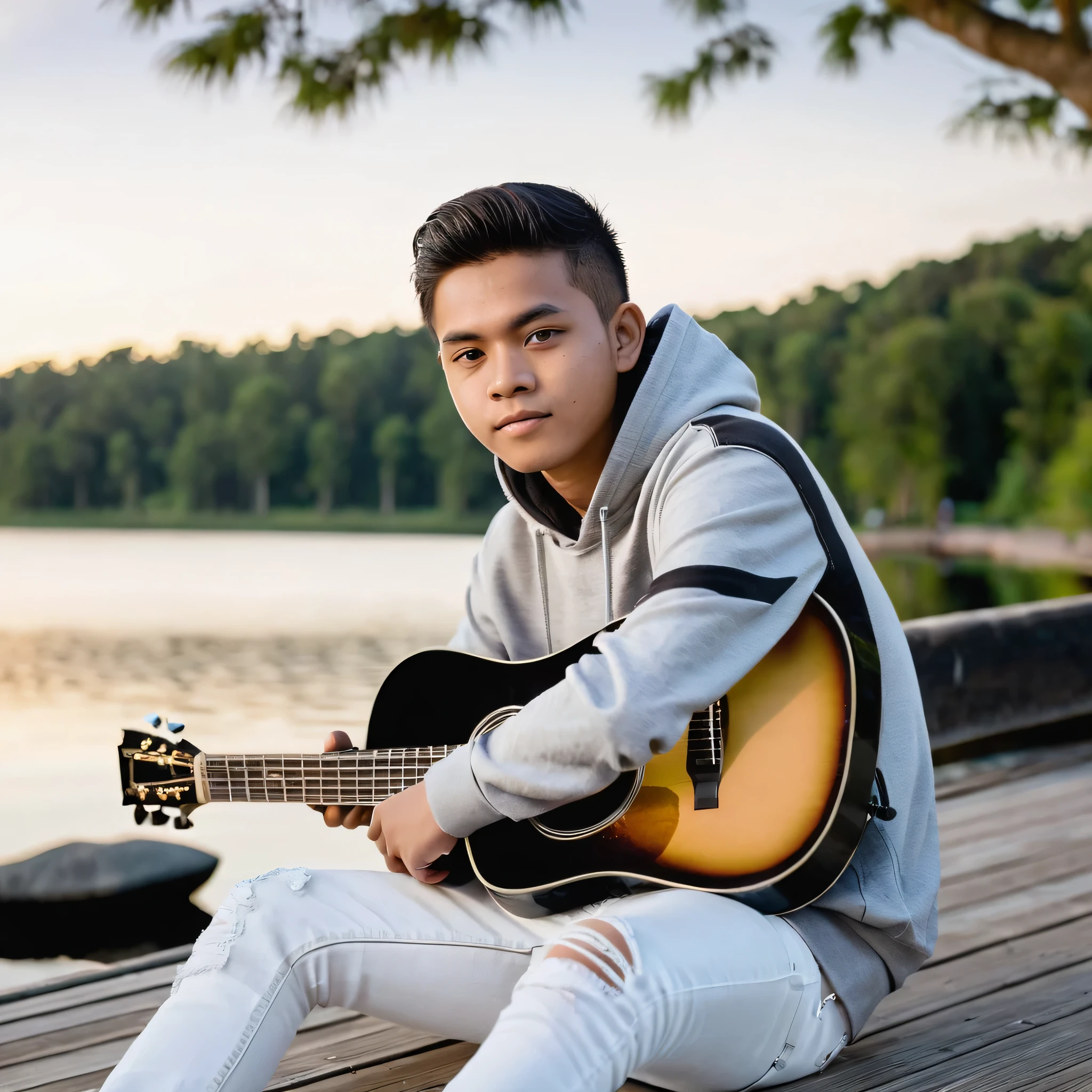long shot, wide angle portrait, Indonesian man with short hair parted in the middle under a cut. wearing gray hoodie white jeans black, canvas ventella shoes, professional sitting on the pier playing guitar, sitting relaxed in front of the lake, under the tree, bokeh background with forest in the distance, lake with twilight reflection, looking at the camera