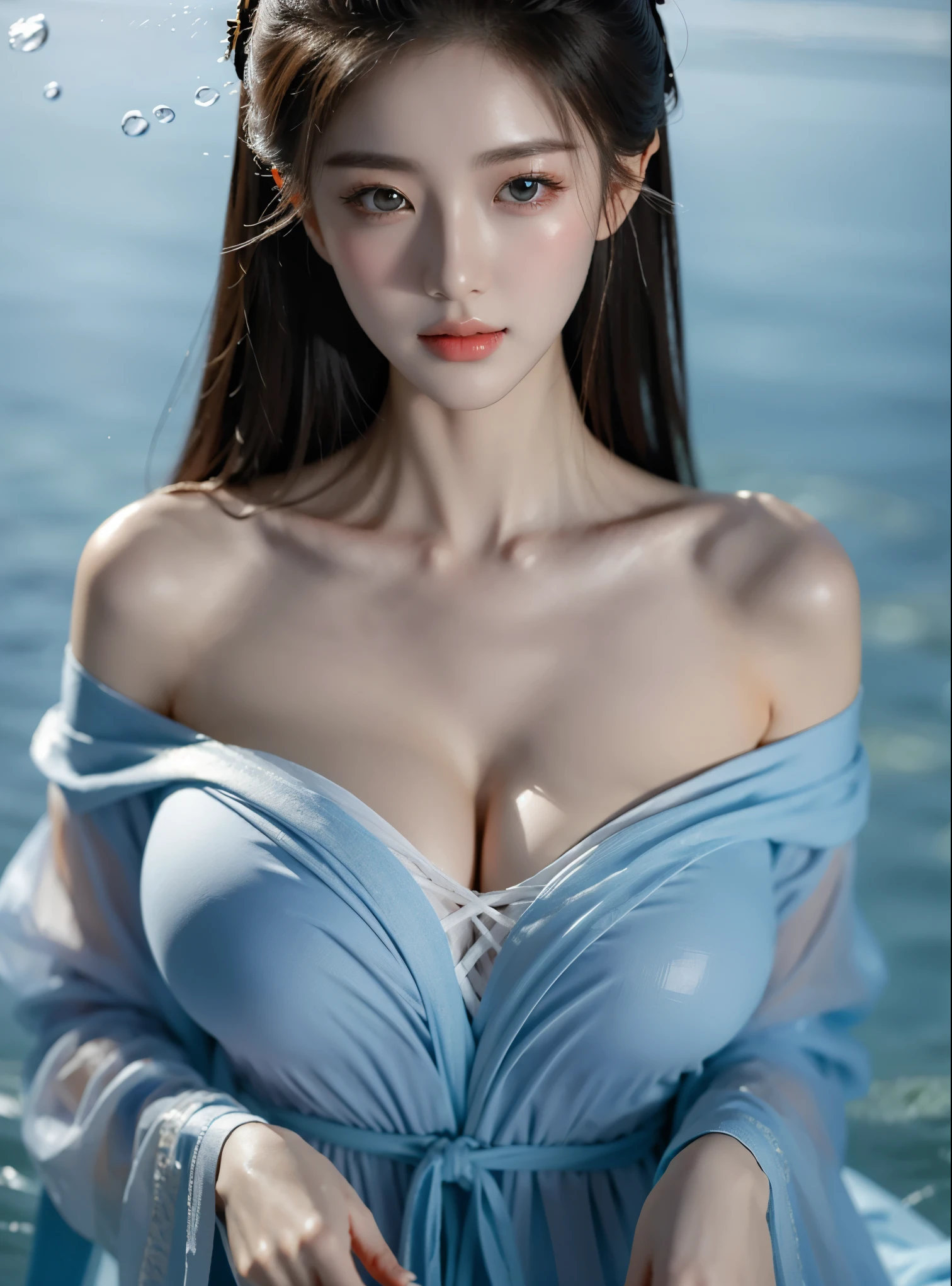 gufeng,bare shoulders,best quality，masterpiece，ultra high resolution，Clear face,（realism：1.4），original photo，cold light，woman wearing transparent clothes underwater，full body image，wallpaper anime blue water，Gurwitz-style artwork，water magic closeup fantasy，author：Yang Jie，Gurwitz，A beautiful artistic illustration，Water Nymphs，Beautiful digital artwork，Beautiful digital illustration，Li Song，A beautiful anime character;Art style，((cardigan，Big boobs))